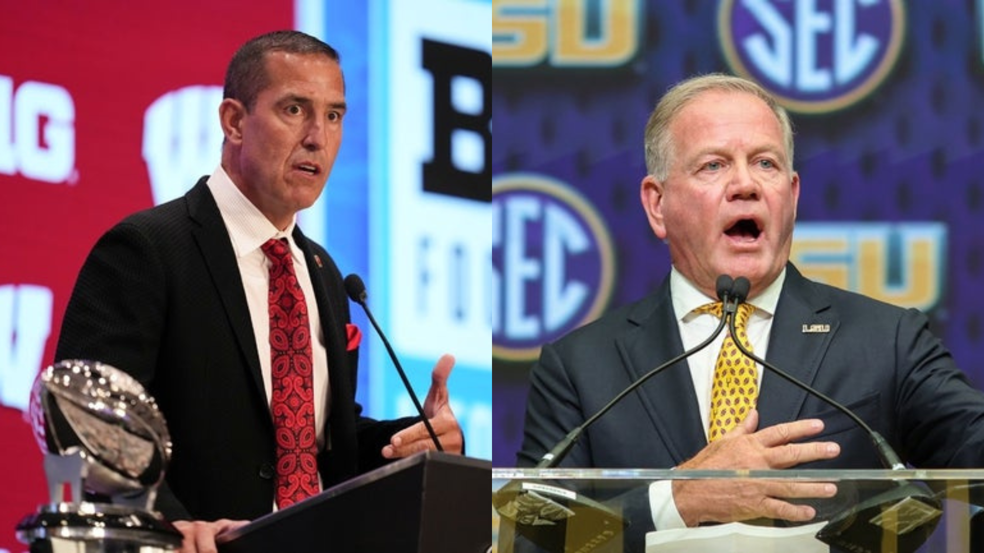 Wisconsin Badgers head coach Luke Fickell and LSU Tigers head coach Brian Kelly. Source: Imagn (Lucas Peltier, Jordan Godfree)