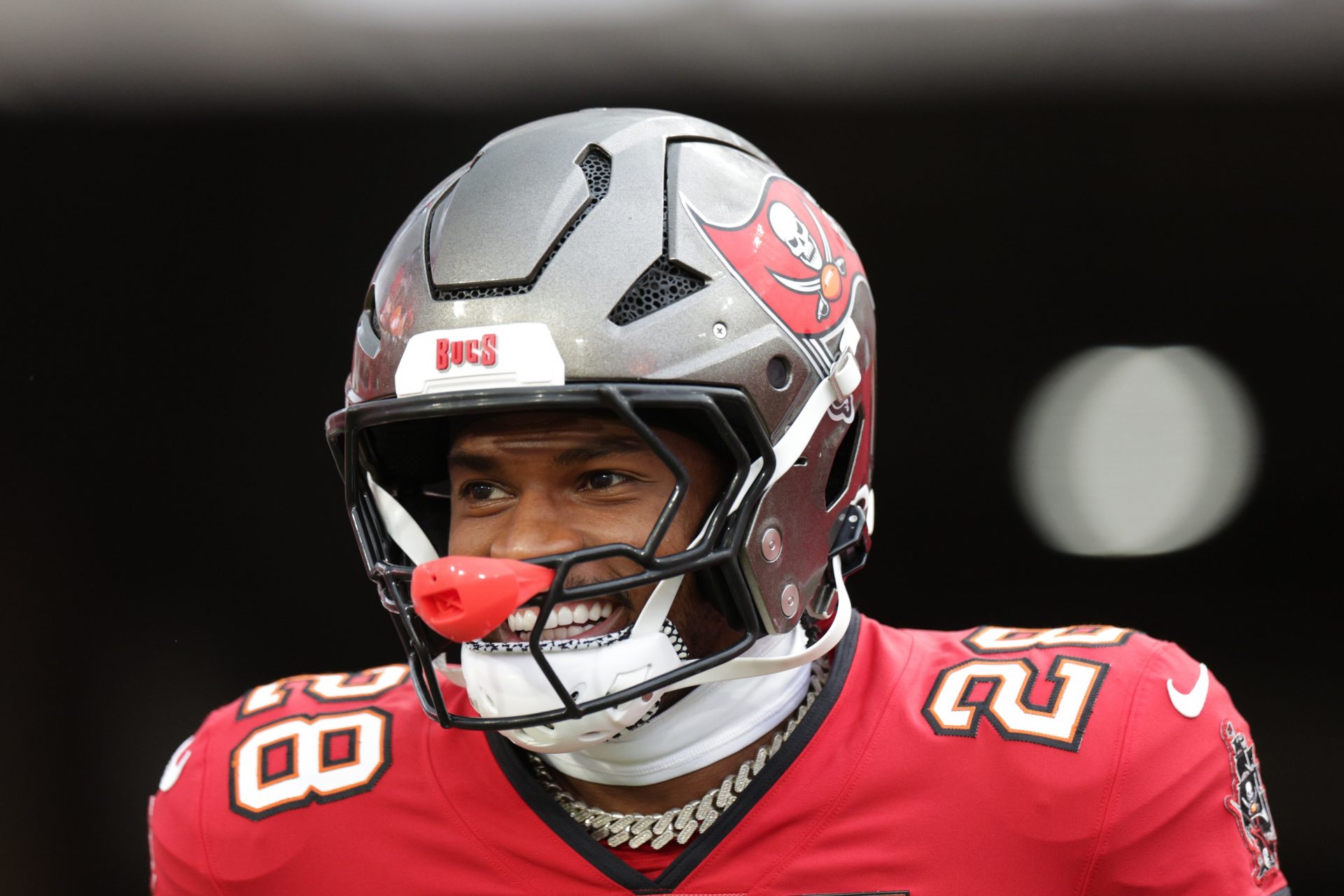 Tampa Bay Buccaneers safety Shilo Sanders (28) takes the field for warmups before a preseason game against the Tennessee Titans at Raymond James Stadium.