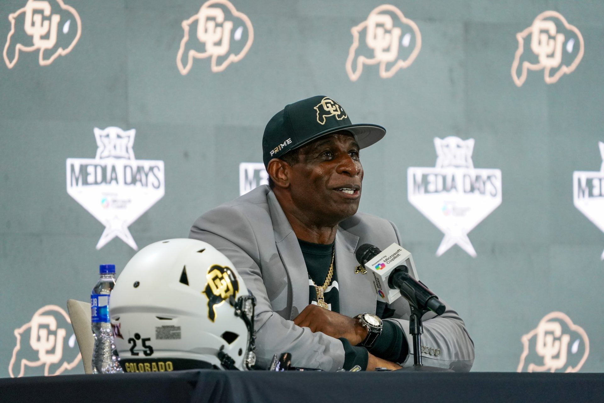 Colorado head coach Deion Sanders speaks with the media during 2025 Big 12 Football Media Days at The Star.
