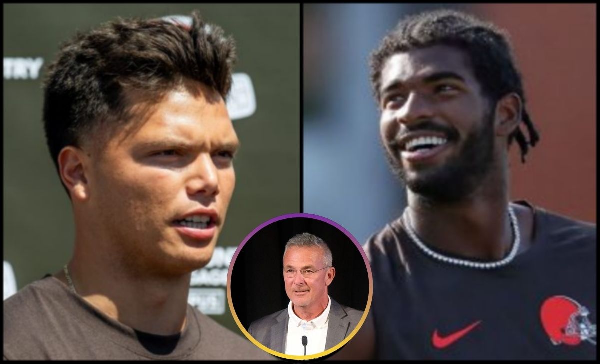 Dillon Gabriel [L] | Shedeur Sanders [R] | Urban Meyer [Inset] (Credits @Imagn)