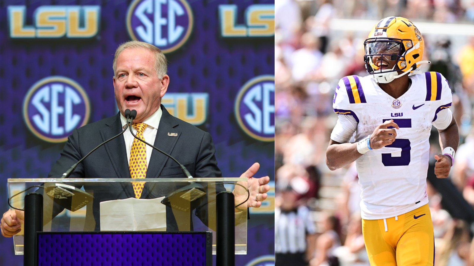 Current LSU coach Brian Kelly watched Jayden Daniels reel off an impressive Heisman campaign and earn a spot on our top 10 of all-time LSU players. (Photo Credits: IMAGN)