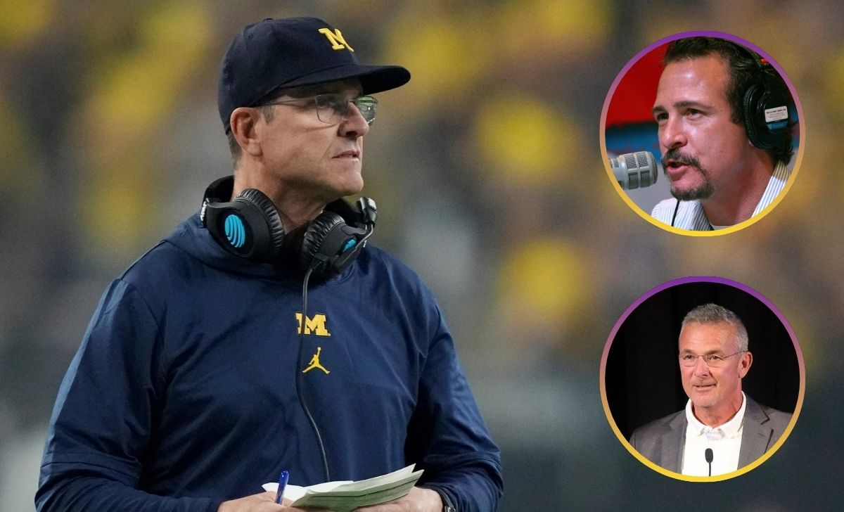 Jim Harbaugh | Jim Rome [Top Inset] | Urban Meyer [Bottom Inset] (Credit: Imagn)