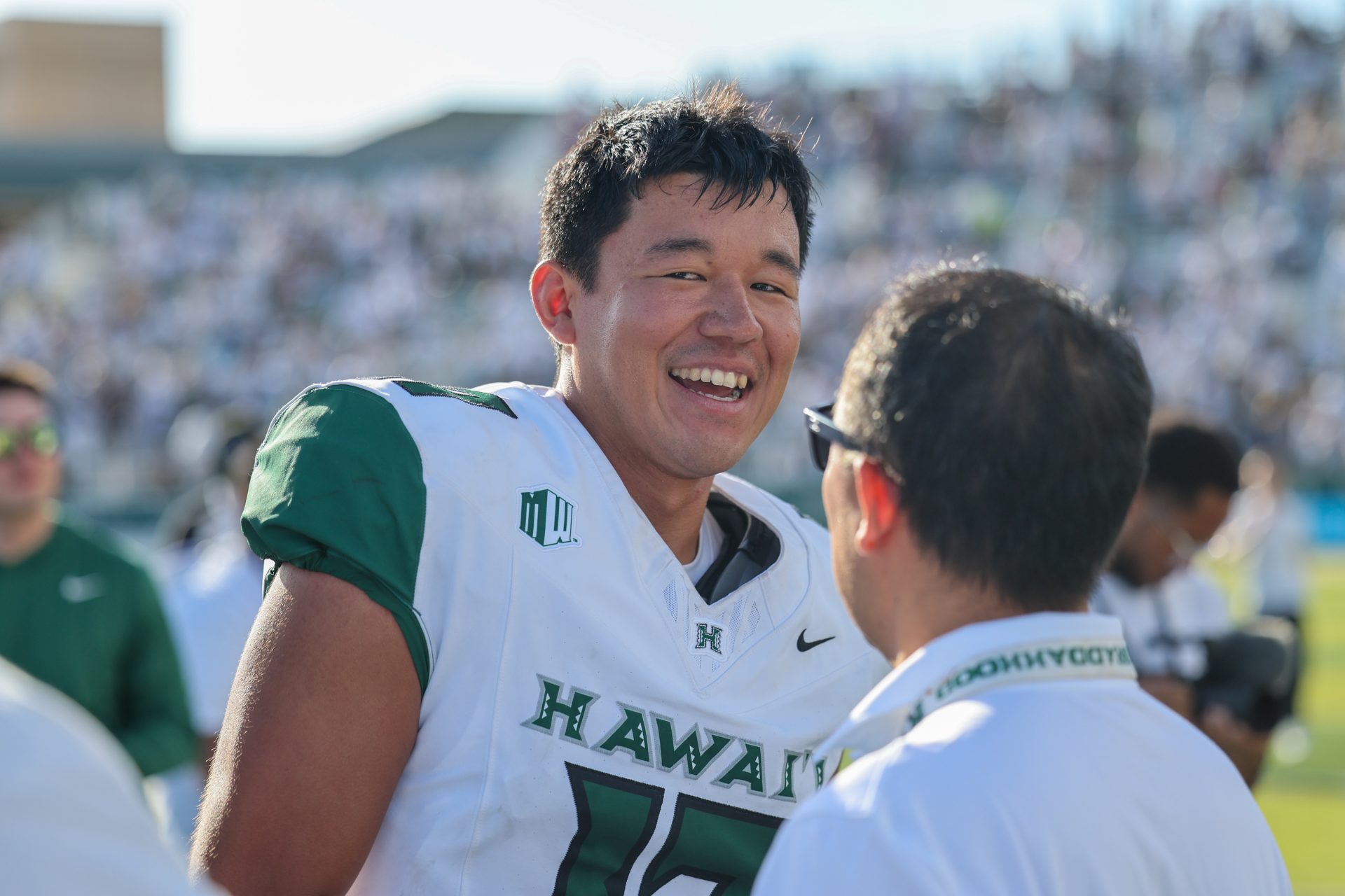Hawaii Rainbow Warriors placekicker Kansei Matsuzawa (17) reacts after making the winning field goal over the Stanford Cardinal during the second half at Clarence T.C. Ching Athletics Complex.