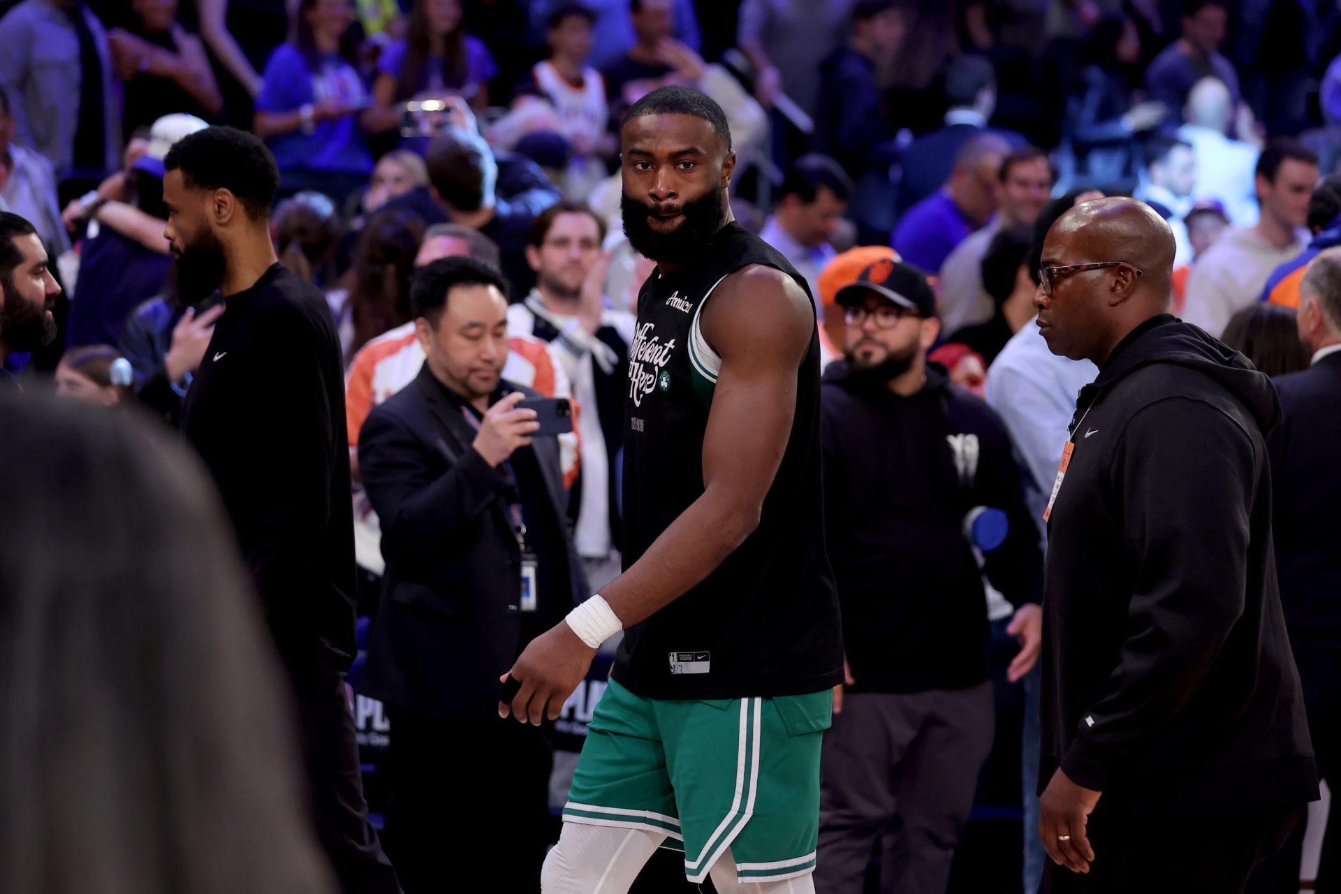 Boston Celtics guard Jaylen Brown (7) walks off the court after losing to the New York Knicks in game six in the second round of the 2025 NBA Playoffs at Madison Square Garden.