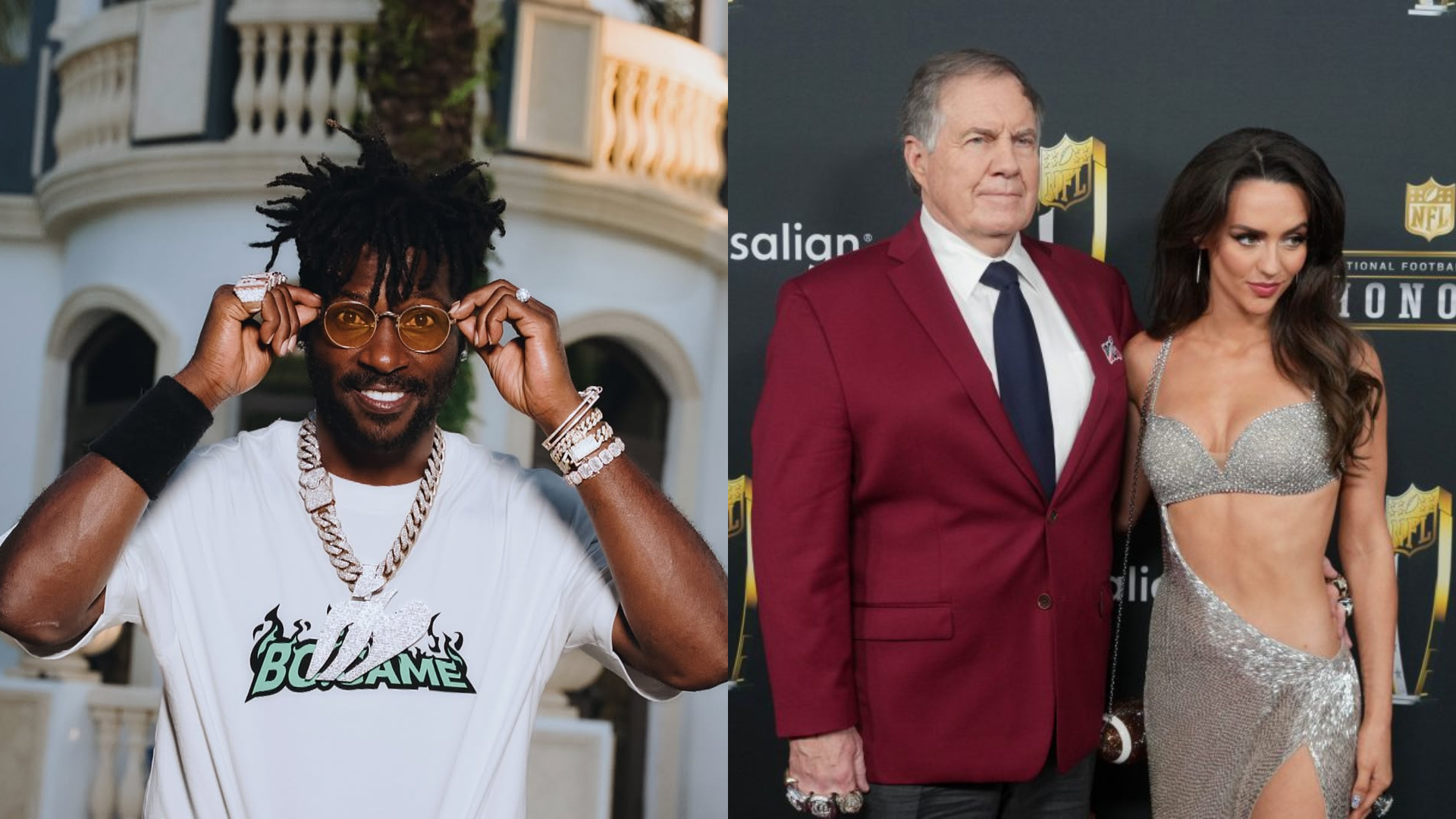 Antonio Brown, Bill Belichick and Jordon Hudson. - Source: Imagn, https://www.instagram.com/p/DKH3OPaMsKm/?hl=en