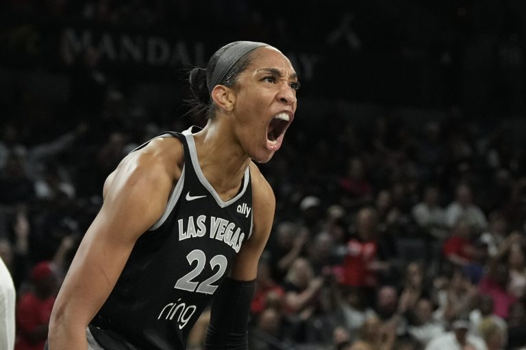 Las Vegas Aces center A'ja Wilson (22) reacts to a play against the Seattle Storm in the third quarter during game three of round one for the 2025 WNBA Playoffs at Michelob Ultra Arena.
