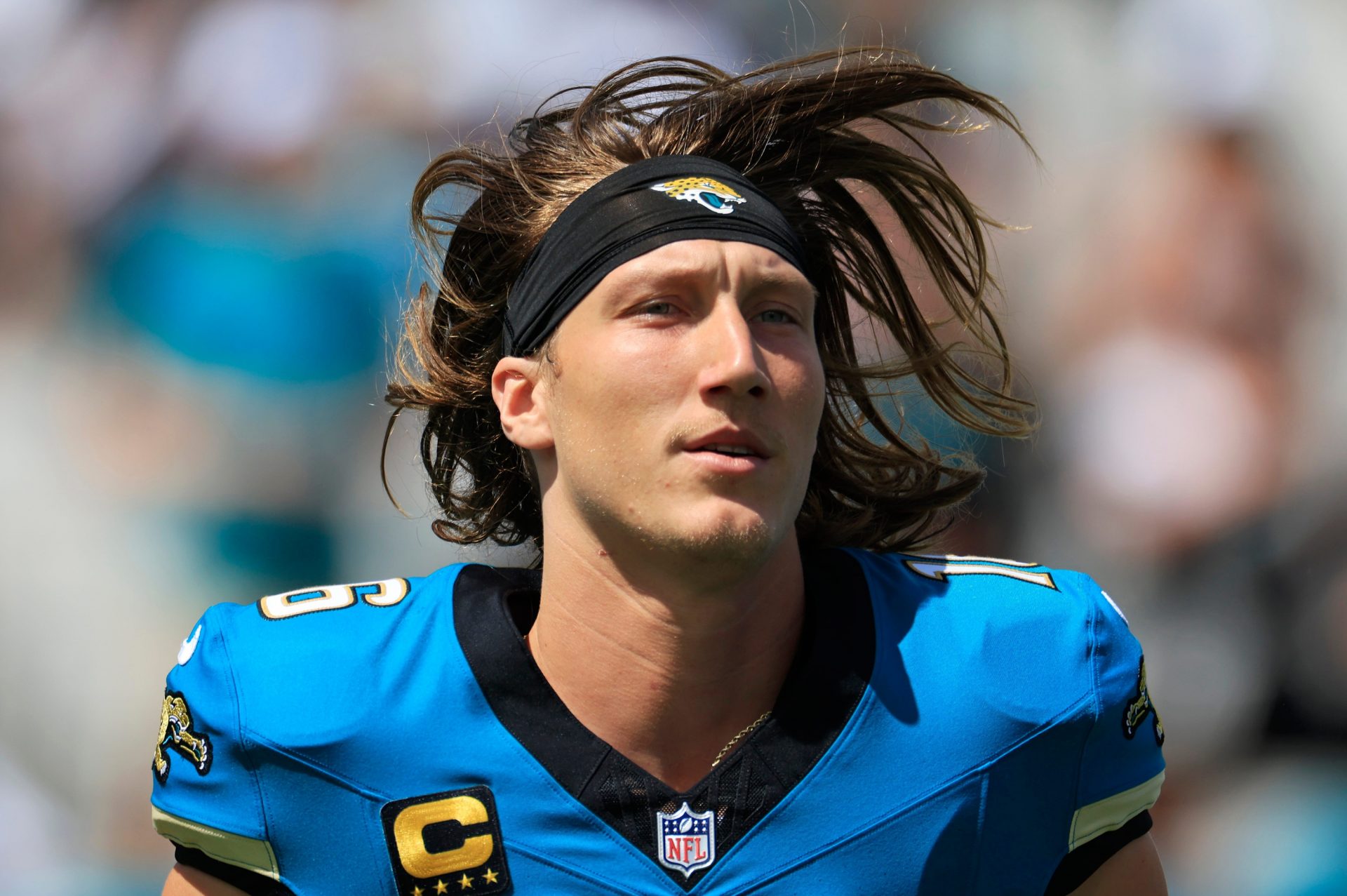 Jacksonville Jaguars quarterback Trevor Lawrence (16) runs on the field before an NFL football matchup at EverBank Stadium, Sunday, Sept. 21, 2025, in Jacksonville, Fla. The Jaguars defeated the Texans 17-10.
