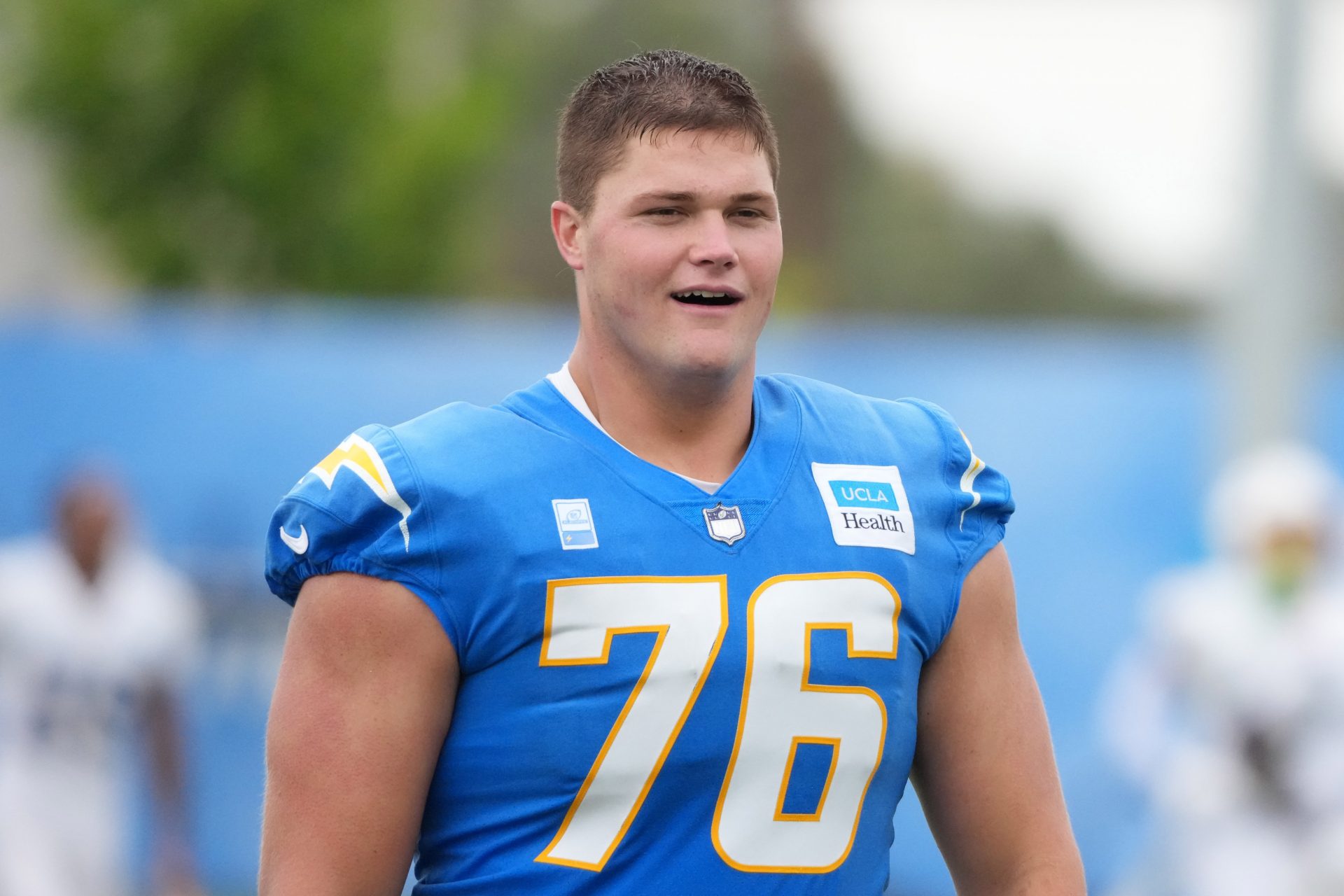 Los Angeles Chargers tackle Joe Alt (76) at training camp at The Bolt.