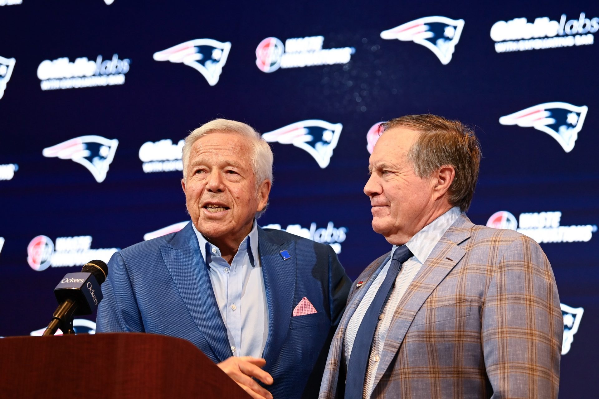 New England Patriots owner Robert Kraft (left) and Patriots former head coach Bill Belichick (right) and hold a press conference at Gillette Stadium to announce Belichick's exit from the team.