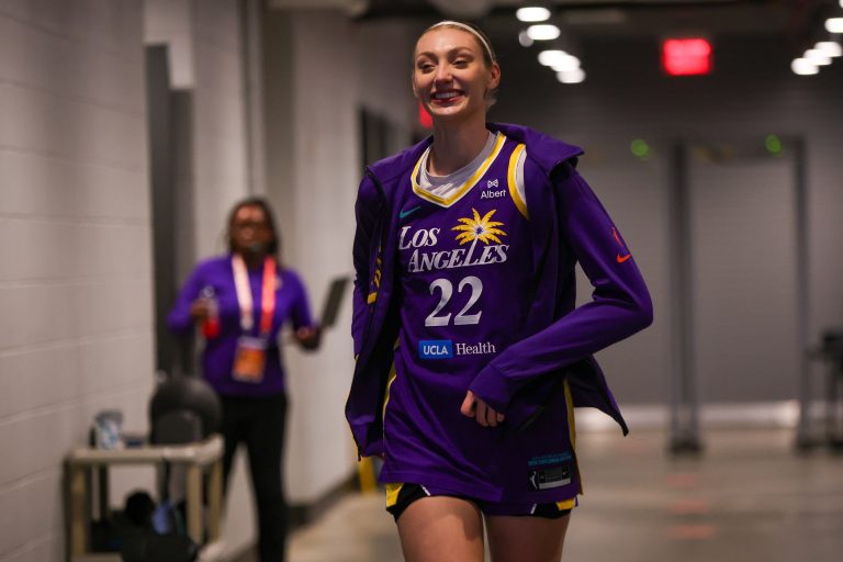 Los Angeles Sparks forward Cameron Brink (22) runs on the court before a game against the Atlanta Dream at Gateway Center Arena at College Park.