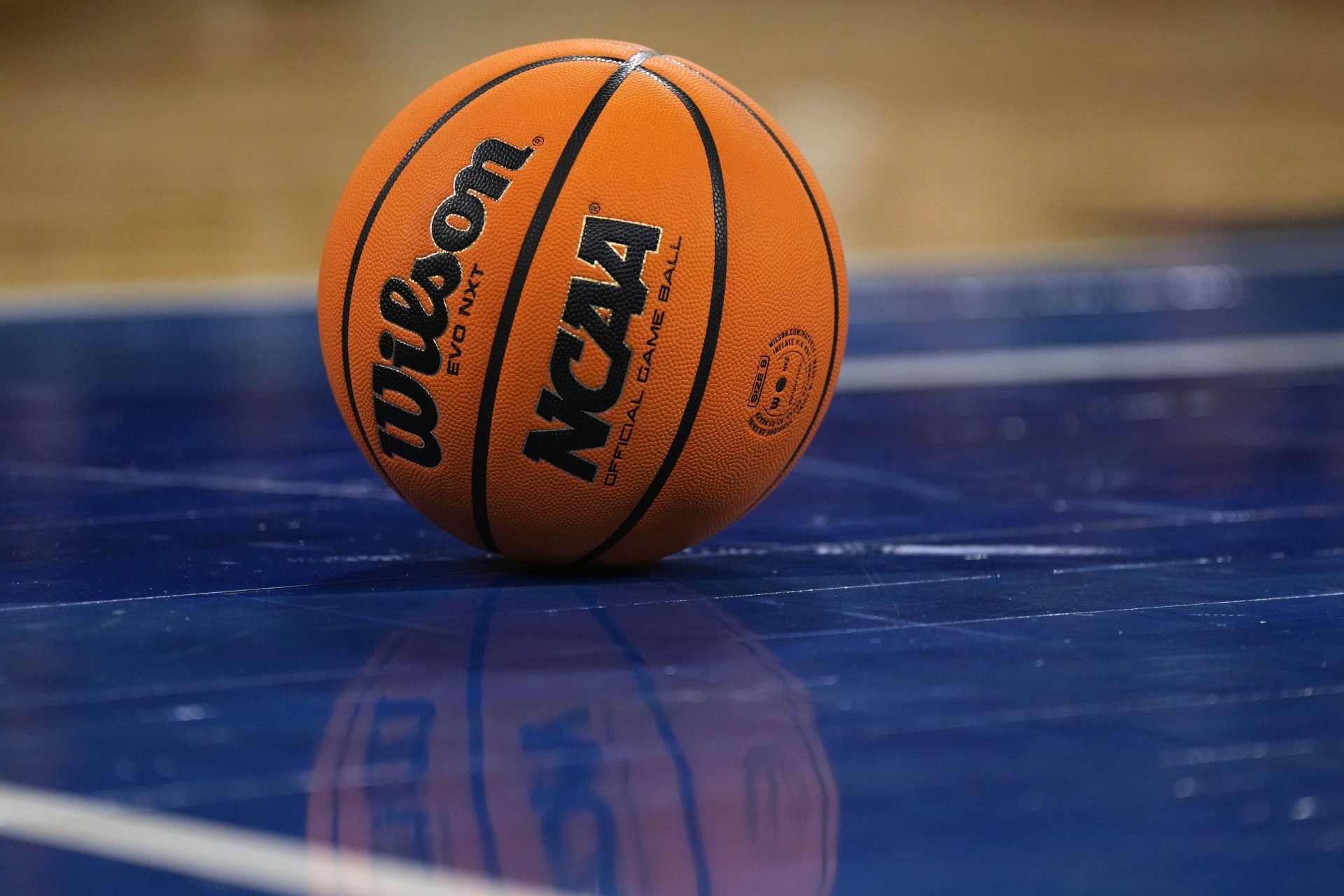 An official NCAA Wilson basketball is seeon on the court during the Pac -12 Conference Women's Tournament Championship at Michelob Ultra Arena.