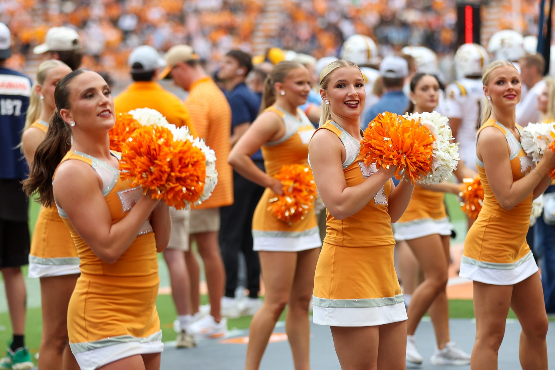 Tennessee Volunteers cheerleaders perform during the second half against the East Tennessee State Buccaneers at Neyland Stadium.