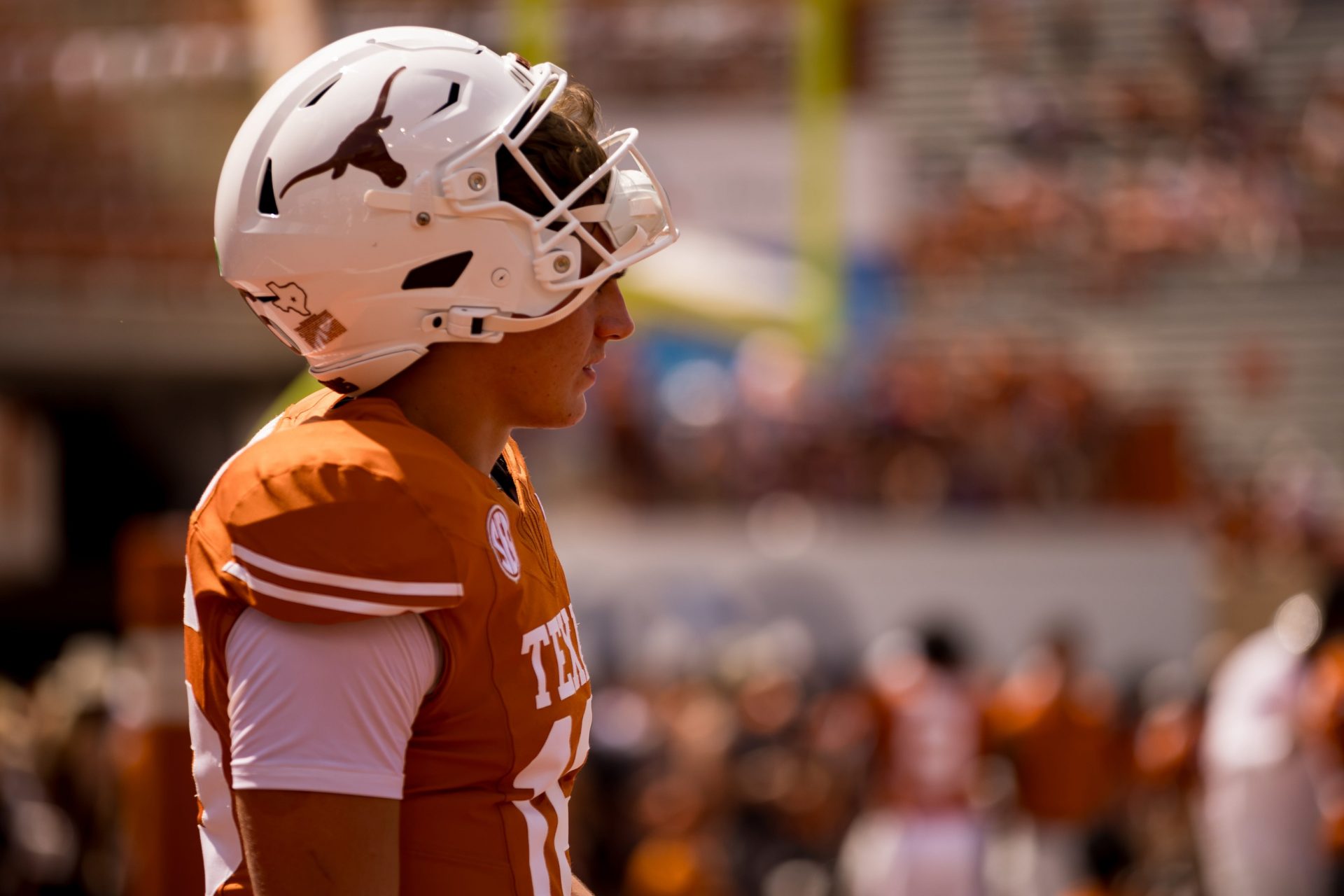 Texas football player, Arch Manning, stands on the field during warm up before a game against UTEP at Darrell K Royal–Texas Memorial Stadium in Austin, Texas, on Saturday, Sept. 13, 2025.