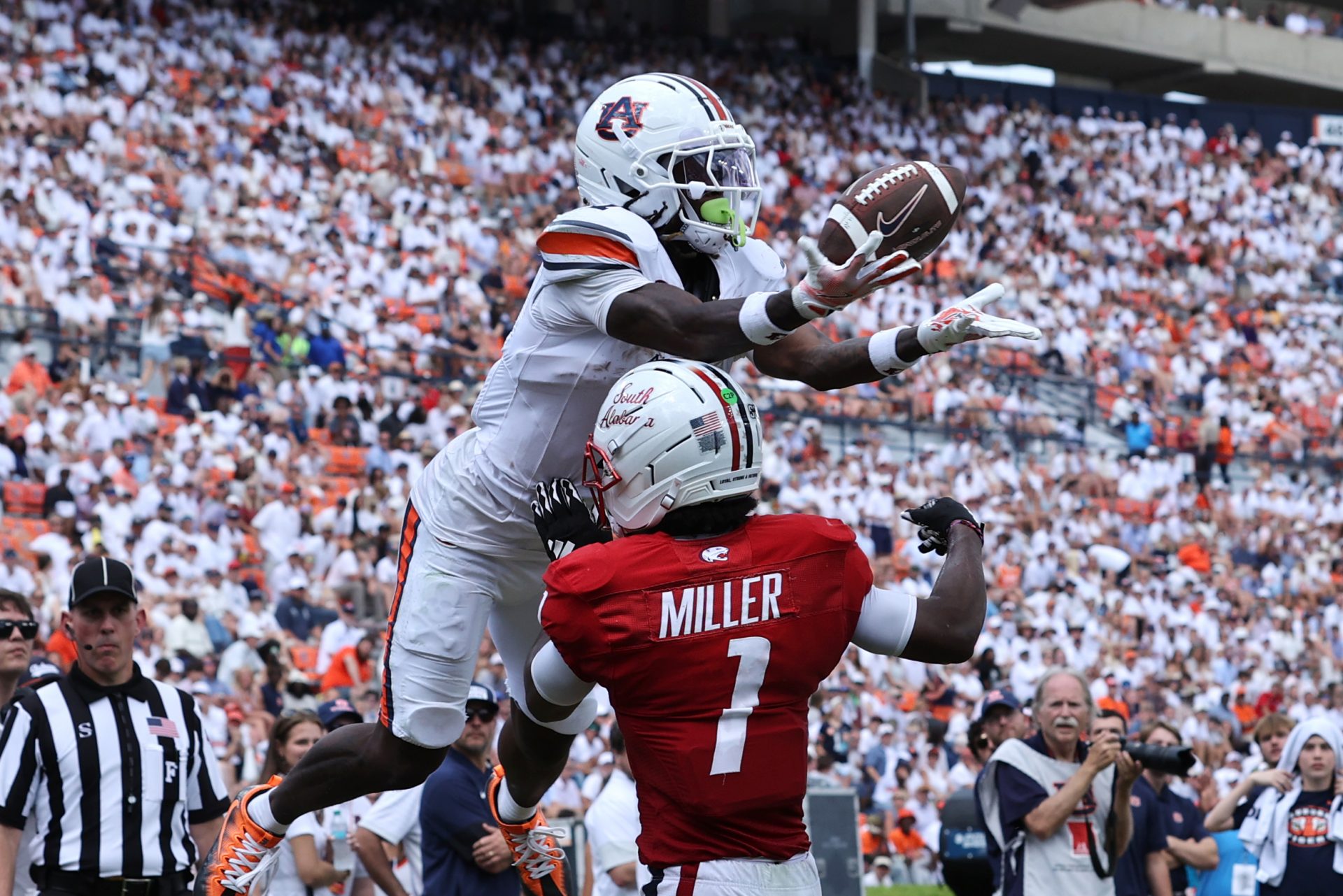South Alabama Jaguars safety Wesley Miller (1) breaks up a pass intended for Auburn Tigers wide receiver Eric Singleton Jr. (1) during the third quarter at Jordan-Hare Stadium.