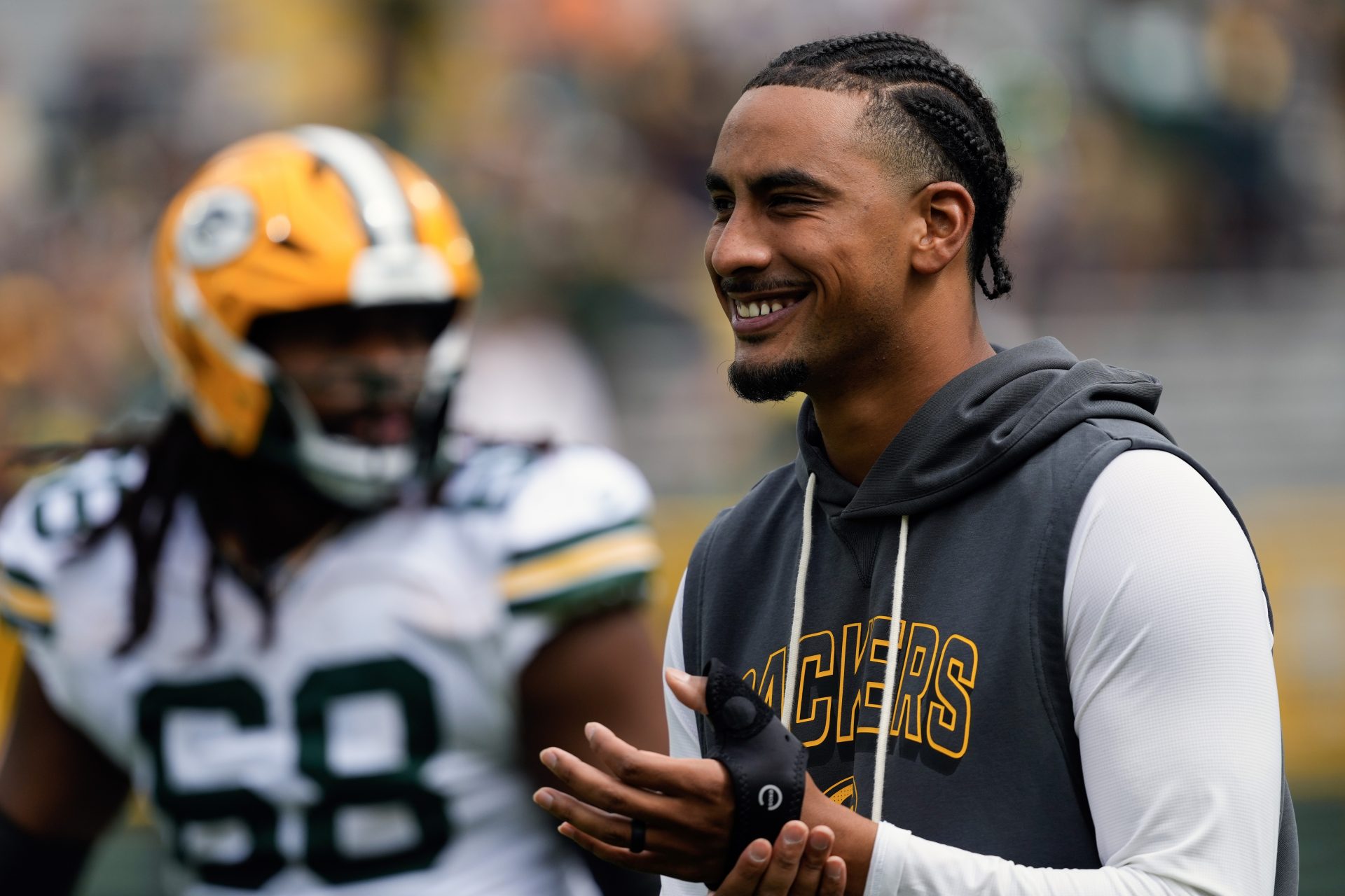 Green Bay Packers quarterback Jordan Love (10) looks on during warmups prior to the game against the Seattle Seahawks at Lambeau Field.