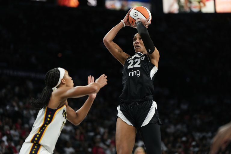 Las Vegas Aces center A'ja Wilson (22) shoots against Indiana Fever forward Brianna Turner (11) during the fourth quarter in game two of the second round for the 2025 WNBA Playoffs at Michelob Ultra Arena.