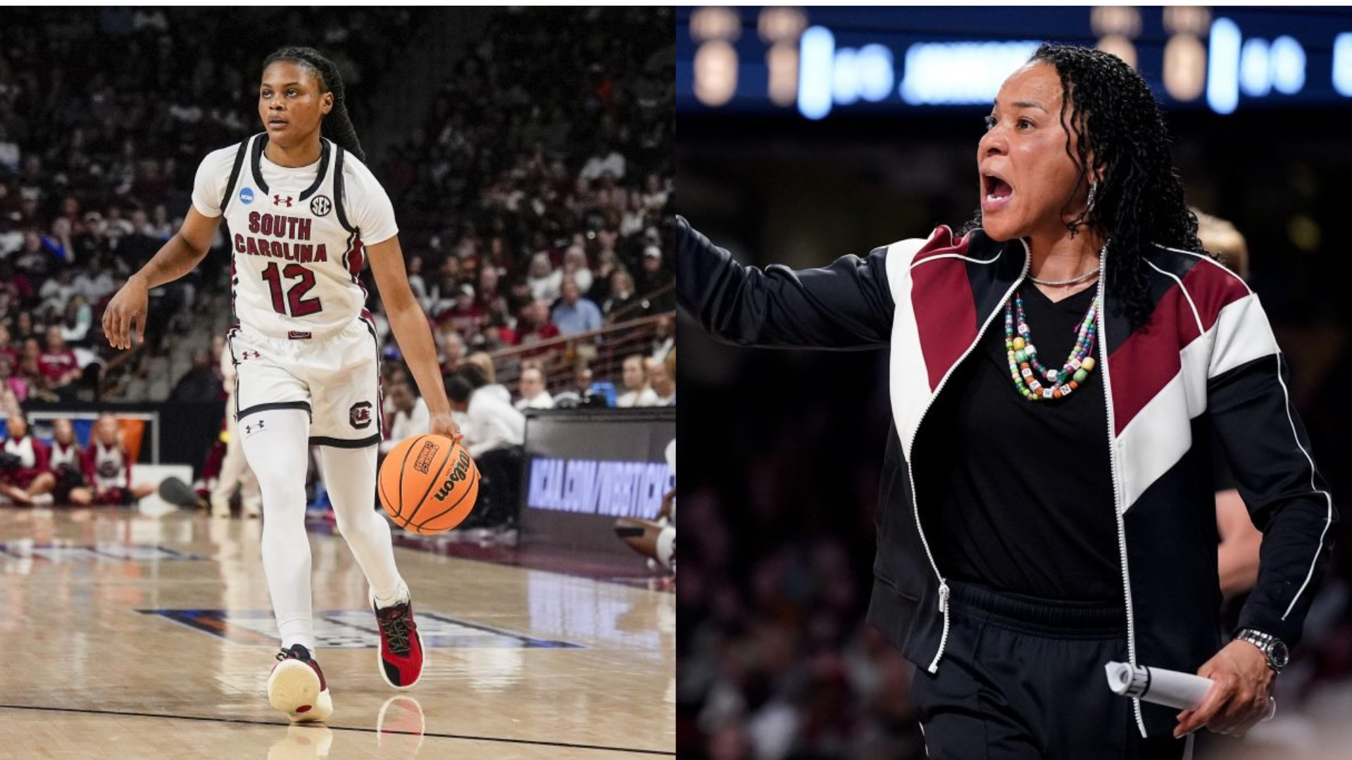 MiLaysia Fulwiley and Dawn Staley. - Source: Imagn