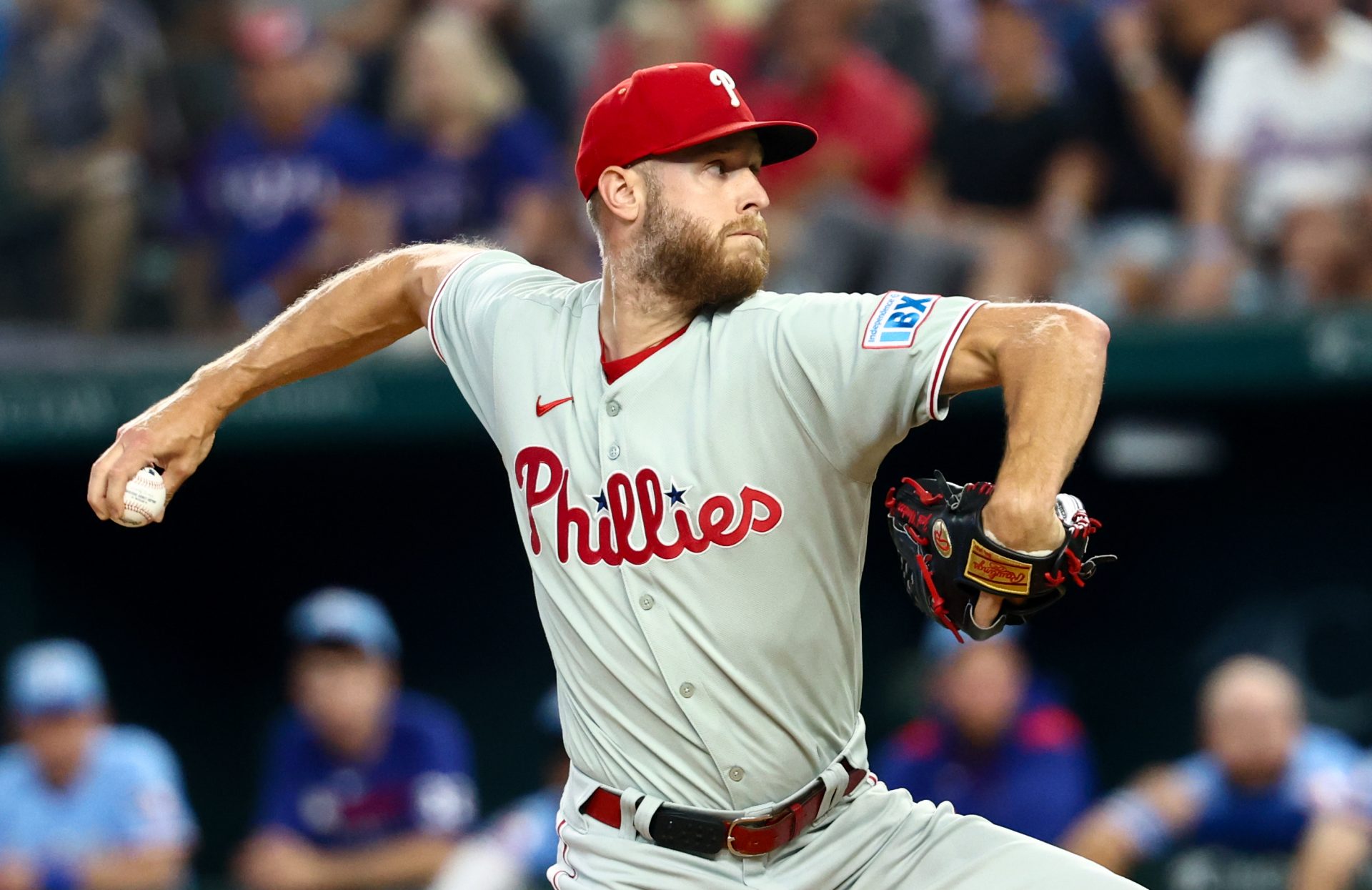 Philadelphia Phillies starting pitcher Zack Wheeler (45) throws during the first inning against the Texas Rangers at Globe Life Field.