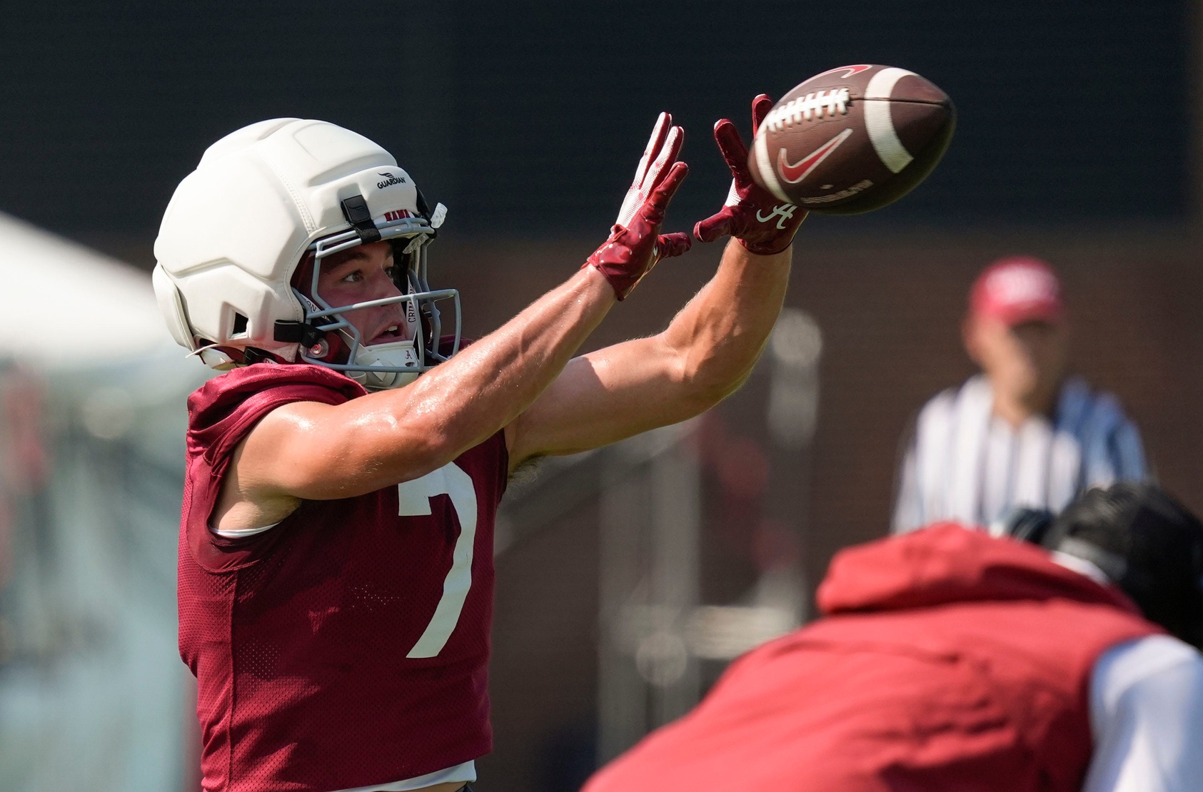 Wide receiver Cole Adams catches a pass during the second practice session of the preseason for the Alabama Crimson Tide.