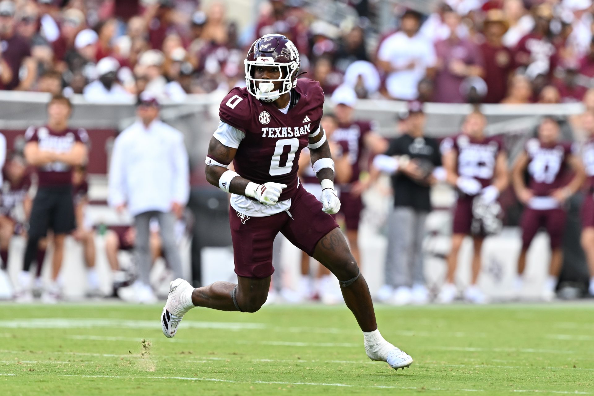 Texas A&M Aggies linebacker Scooby Williams (0) defends in coverage in the fourth quarter against the Missouri Tigers at Kyle Field.