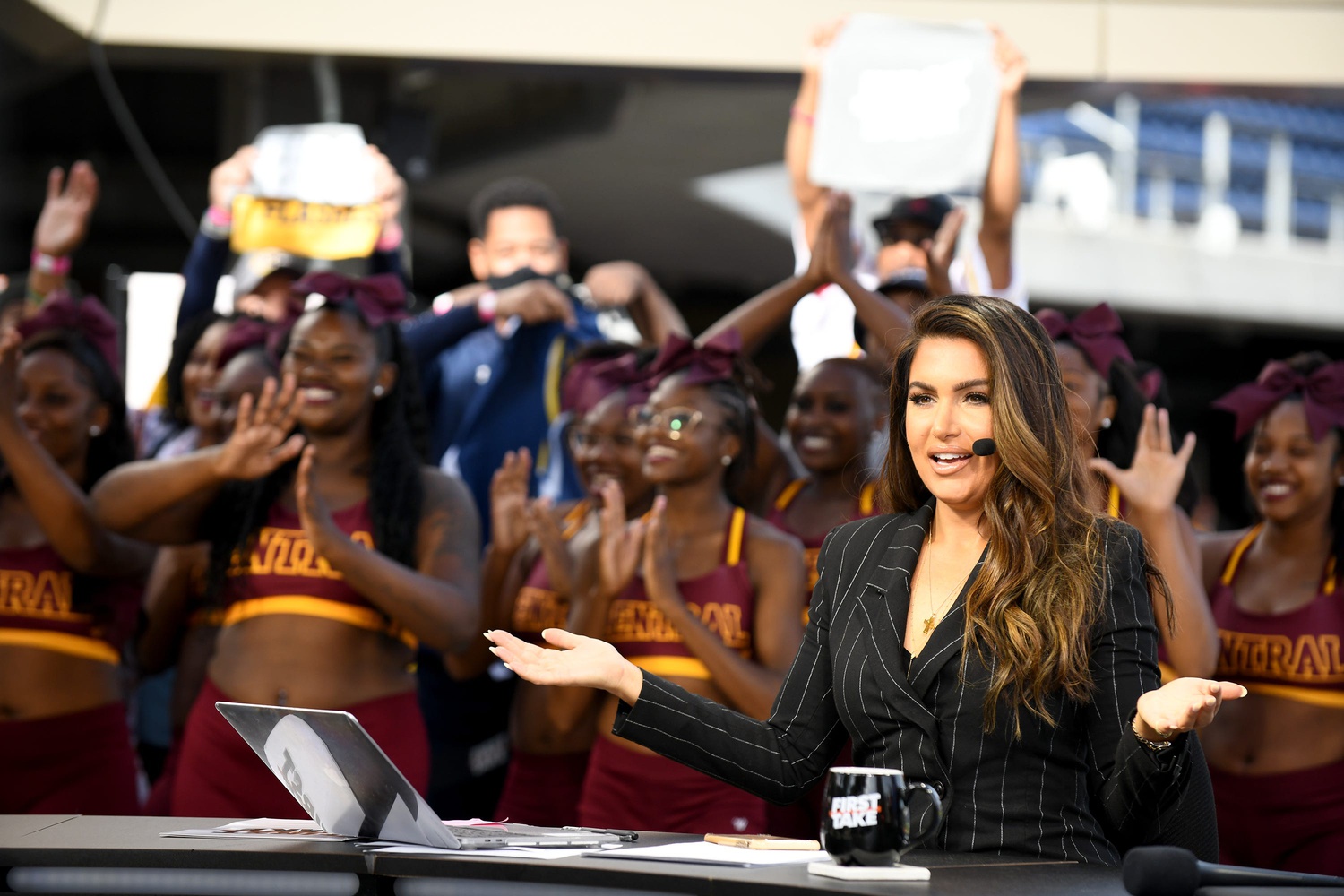 ESPN's 'First Take'  broadcasts live from Tom Benson Hall of Fame Stadium with host Molly Qerim ahead of The Black College Football Hall of Fame Classic 2022.   Friday, September 02, 2022.

Espn First Take Benson07
