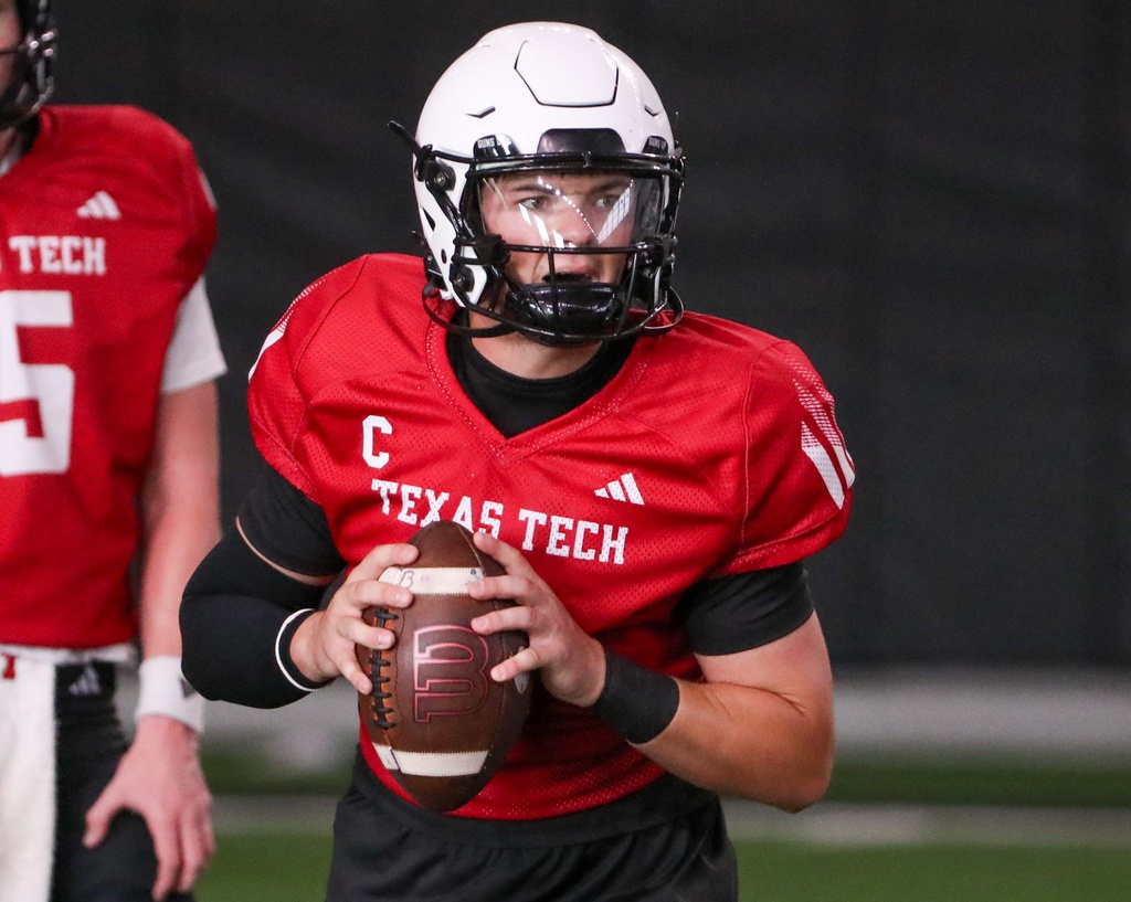 Quarterback Behren Morton goes through a drill during Texas Tech football practice, Monday, August 4, 2025, at the Womble Football Center.