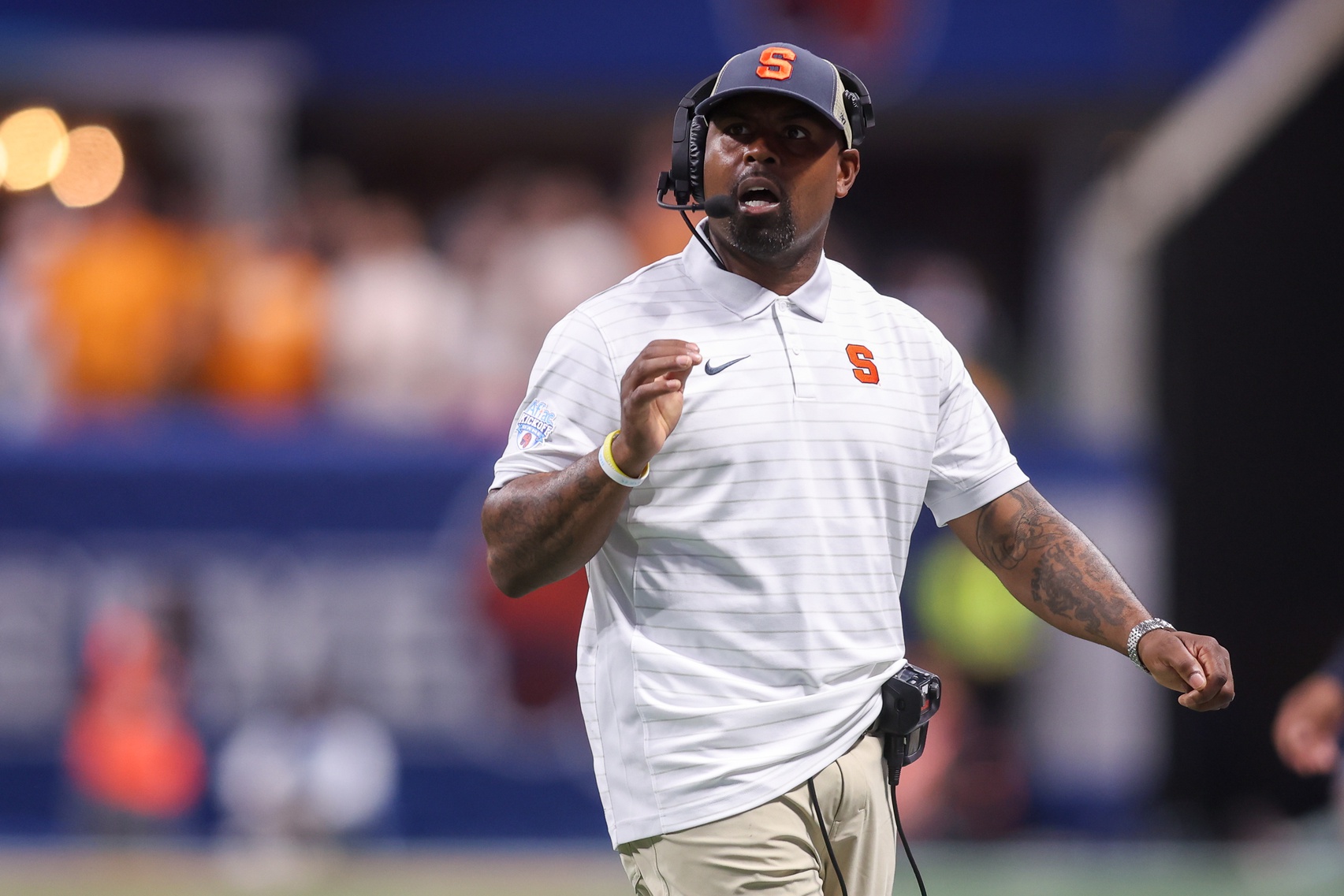Syracuse Orange head coach Fran Brown on the sideline against the Tennessee Volunteers in the second quarter at Mercedes-Benz Stadium.