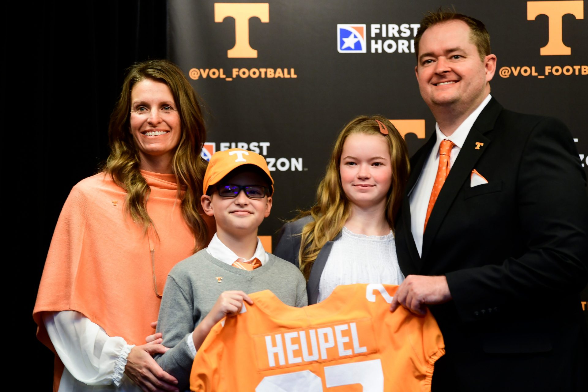 At right Tennessee football head coach Josh Heupel poses with his wife Dawn, son Jace, and daughter Hannah, after being introduced during a press conference as football head coach for the University of Tennessee, in the Stokely Family Media Center in Neyland Stadium, in Knoxville, Tenn., Wednesday, Jan.27, 2021.

Heupel0127 0336