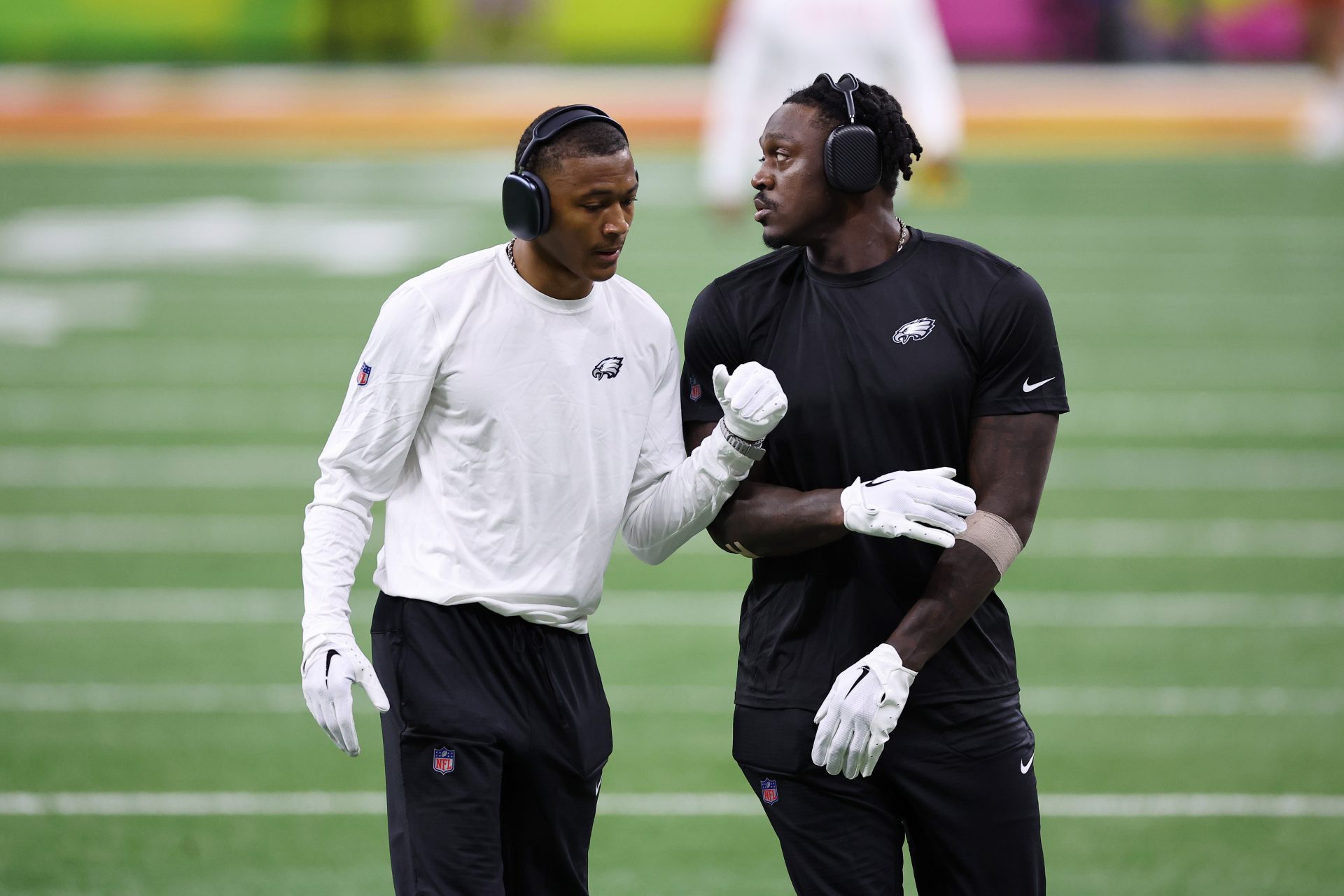 Philadelphia Eagles wide receiver DeVonta Smith (6) and wide receiver A.J. Brown (right) before Super Bowl LIX between the Philadelphia Eagles and the Kansas City Chiefs at Caesars Superdome.