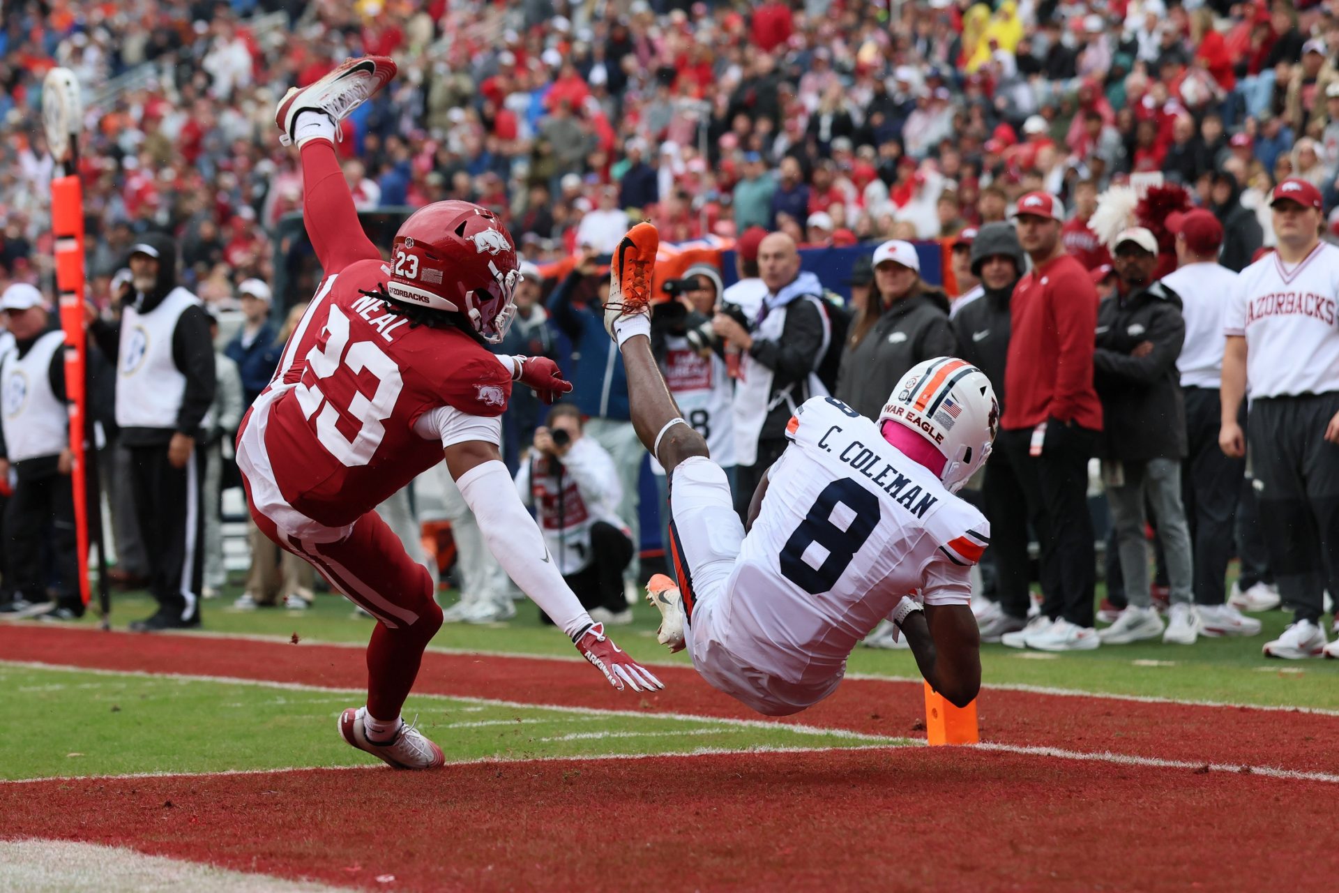 Cam Coleman Injury: What Happened to Auburn Star That Led to Him Limping off the Field Auburn Tigers wide receiver Cam Coleman (8) receives a pass for a touchdown as Arkansas Razorbacks defensive back Julian Neal (23) defends during the first quarter at Donald W. Reynolds Razorback Stadium.