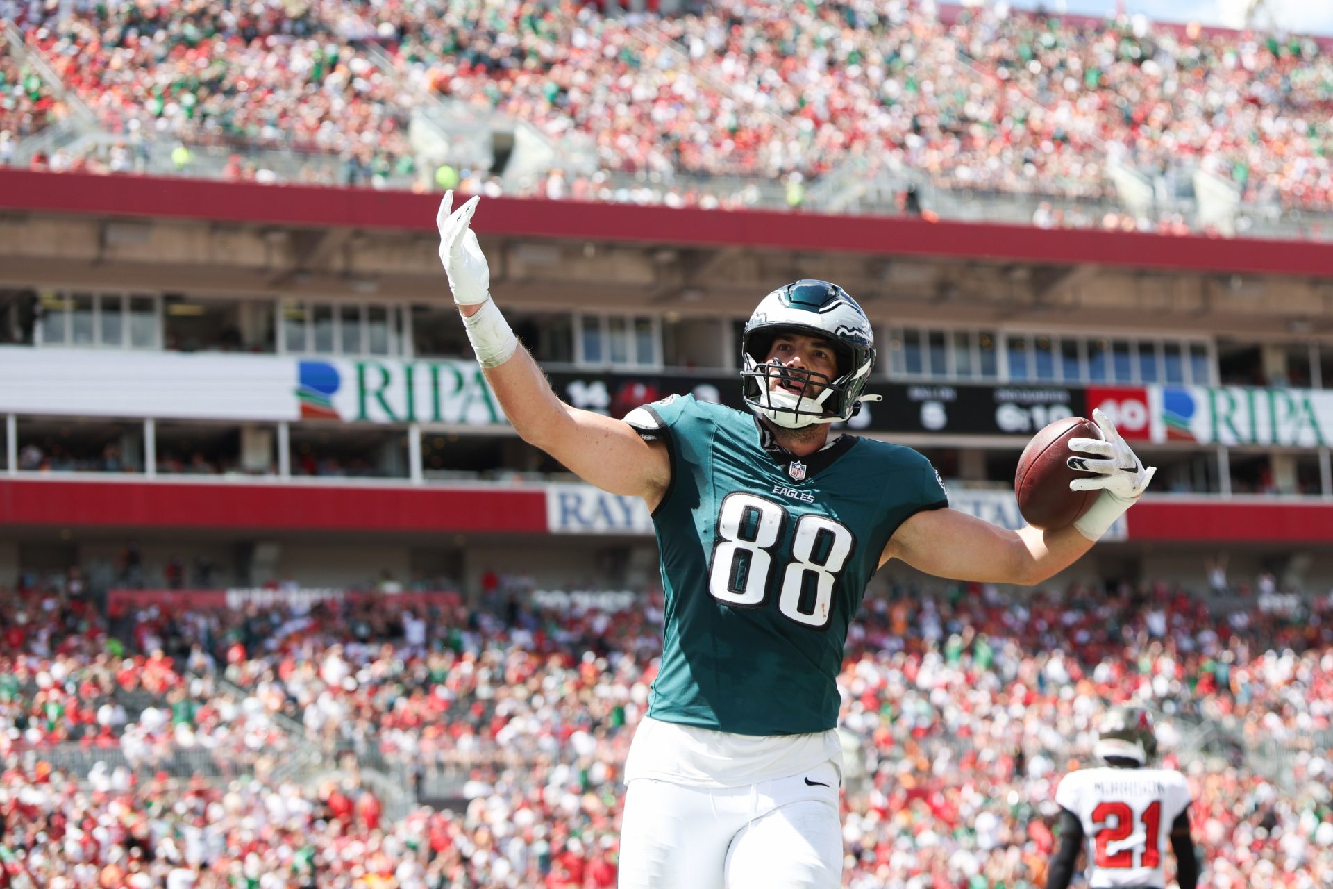 Philadelphia Eagles tight end Dallas Goedert (88) celebrates a touchdown in the second quarter against the Tampa Bay Buccaneers at Raymond James Stadium.