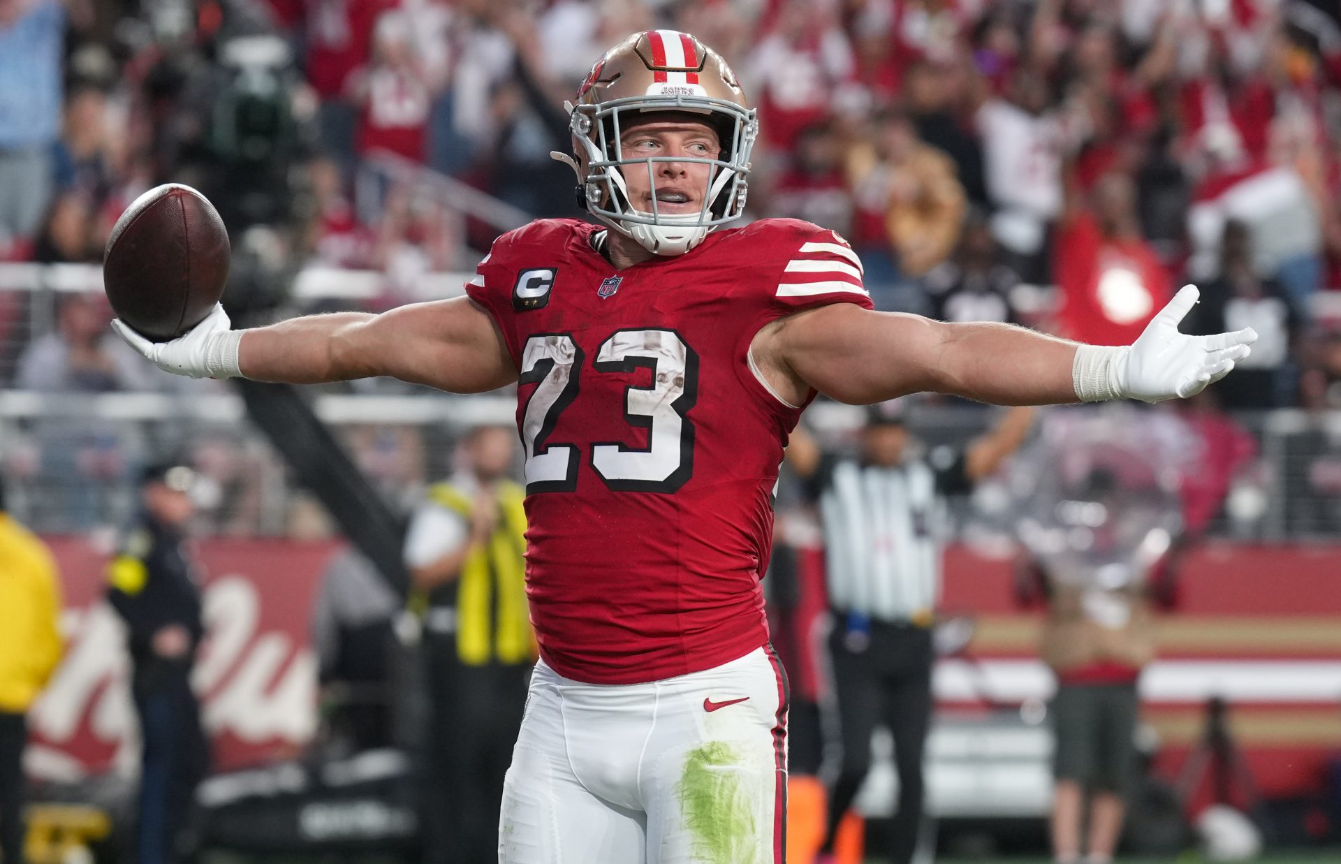 Did Christian McCaffrey Get Hurt Today? 49ers RB’s Shocking First-Half Raises Concern vs. Texans San Francisco 49ers running back Christian McCaffrey (23) celebrates after a touchdown during the second quarter against the Atlanta Falcons at Levi's Stadium.