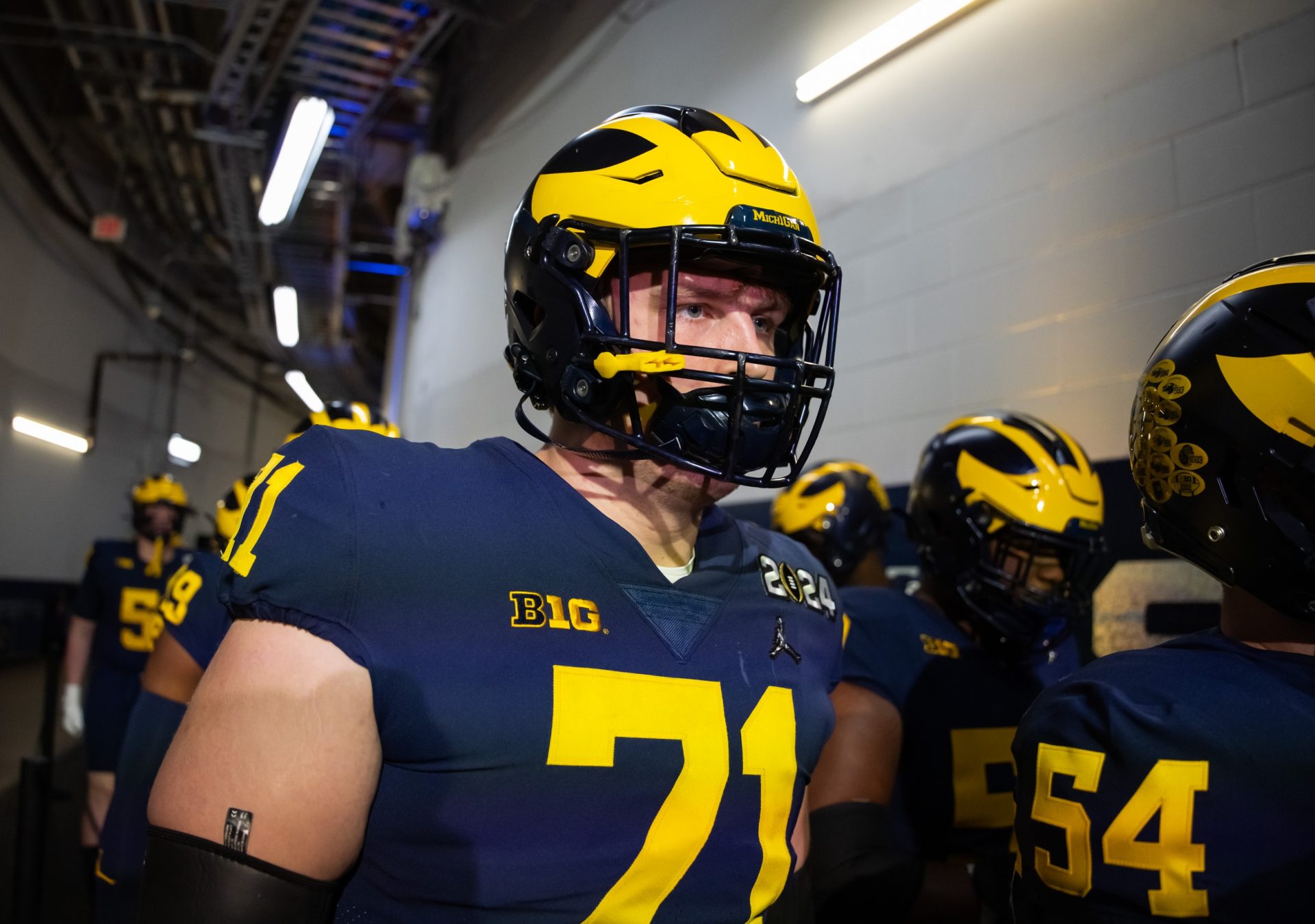 Michigan Wolverines offensive lineman Evan Link (71) against the Washington Huskies during the 2024 College Football Playoff national championship game at NRG Stadium.