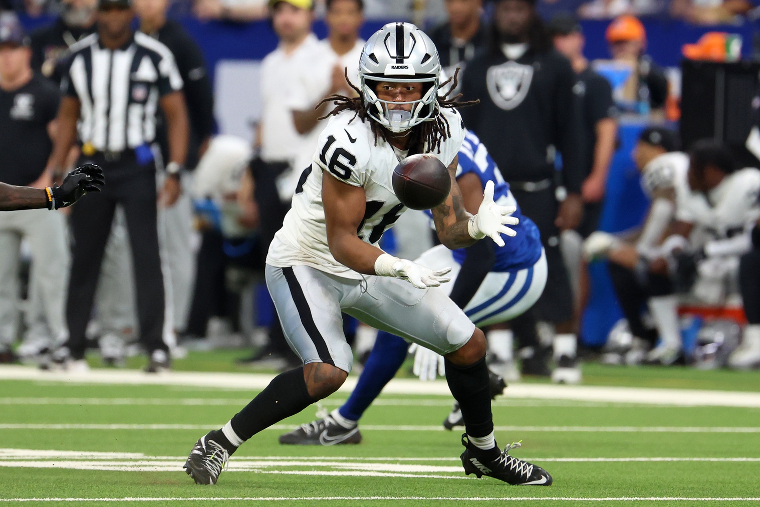 Las Vegas Raiders wide receiver Jakobi Meyers (16) makes a catch against the Indianapolis Colts during the second half at Lucas Oil Stadium.