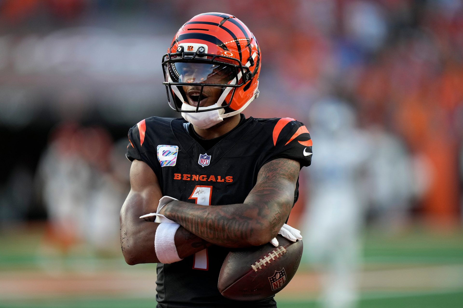 Cincinnati Bengals wide receiver Ja'Marr Chase (1) celebrates his 2nd touchdown in the 4th quarter over the Detroit Lions at Paycor Stadium on October 5, 2025. The Bengals lost 24-37.
