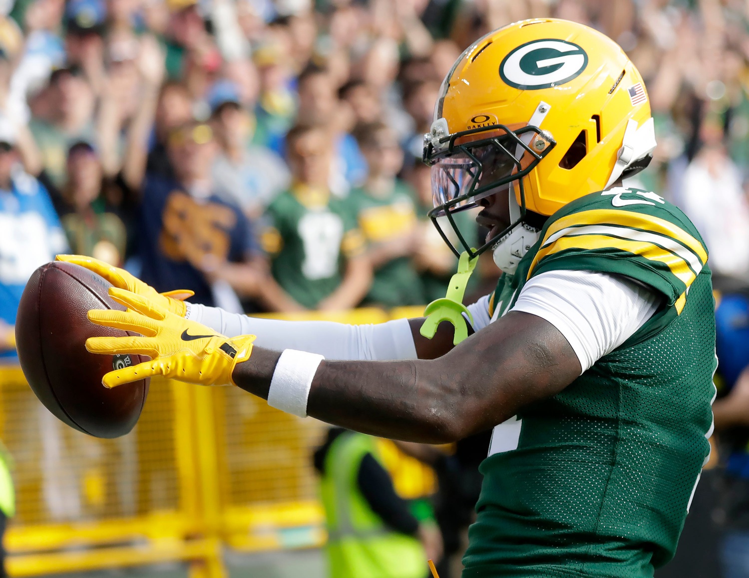Green Bay Packers wide receiver Jayden Reed (11) catches a second quarter touchdown pass against the Detroit Lions on Sunday, September 7, 2025, at Lambeau Field in Green Bay, Wis. 
Wm. Glasheen USA TODAY NETWORK-Wisconsin