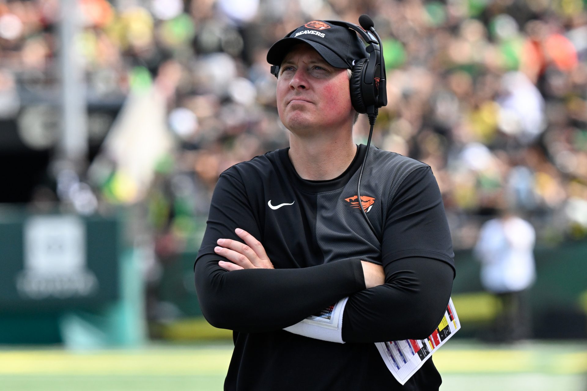 Oregon State Beavers head coach Trent Bray looks on during the second quarter of the game against the Oregon Ducks at Autzen Stadium.