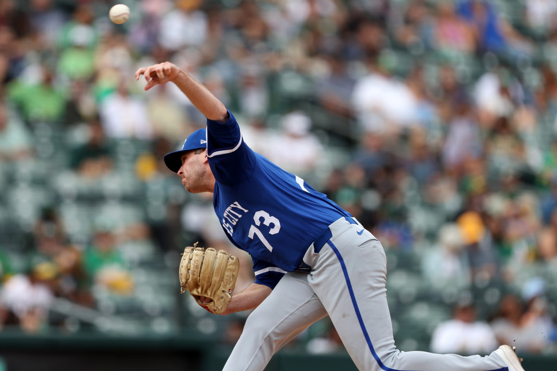Kansas City Royals pitcher Sam Long (73) throws a pitch against the Athletics during the eighth inning at Sutter Health Park.