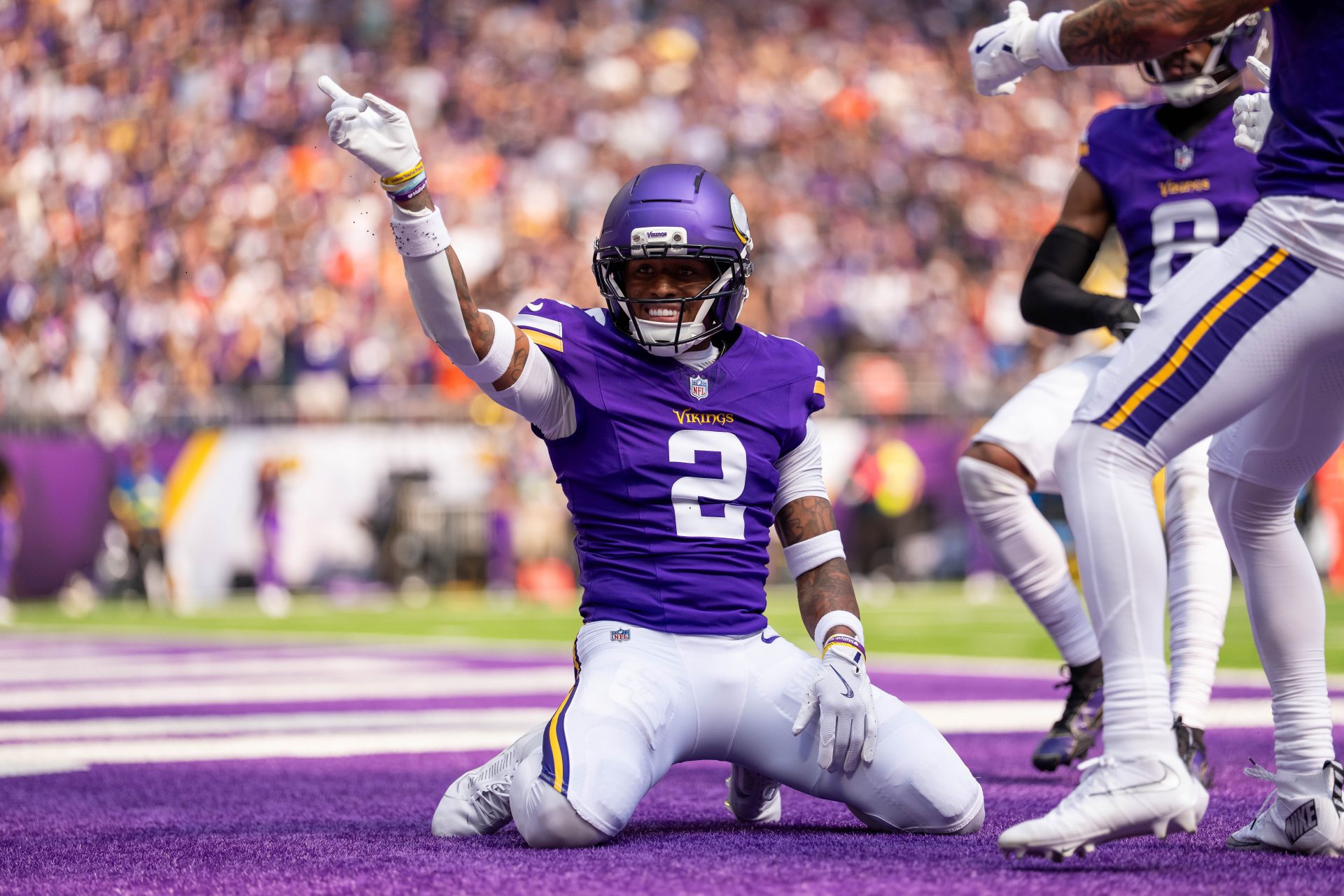 Minnesota Vikings cornerback Isaiah Rodgers (2) reacts after breaking up a pass against the Cincinnati Bengals during the first half at U.S. Bank Stadium.