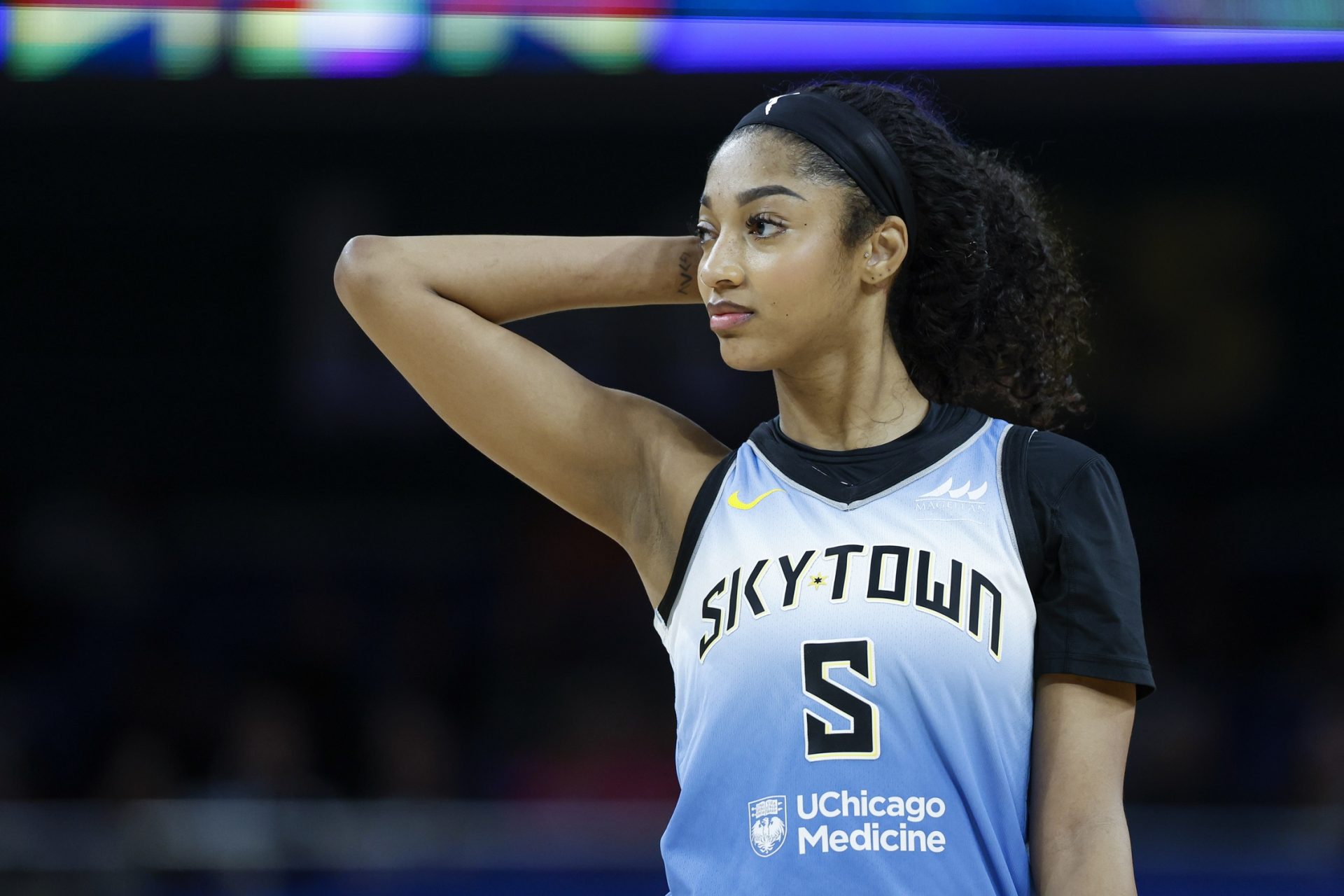 Chicago Sky forward Angel Reese (5) walks on the court during the second half of a WNBA game against the Connecticut Sun at Wintrust Arena.