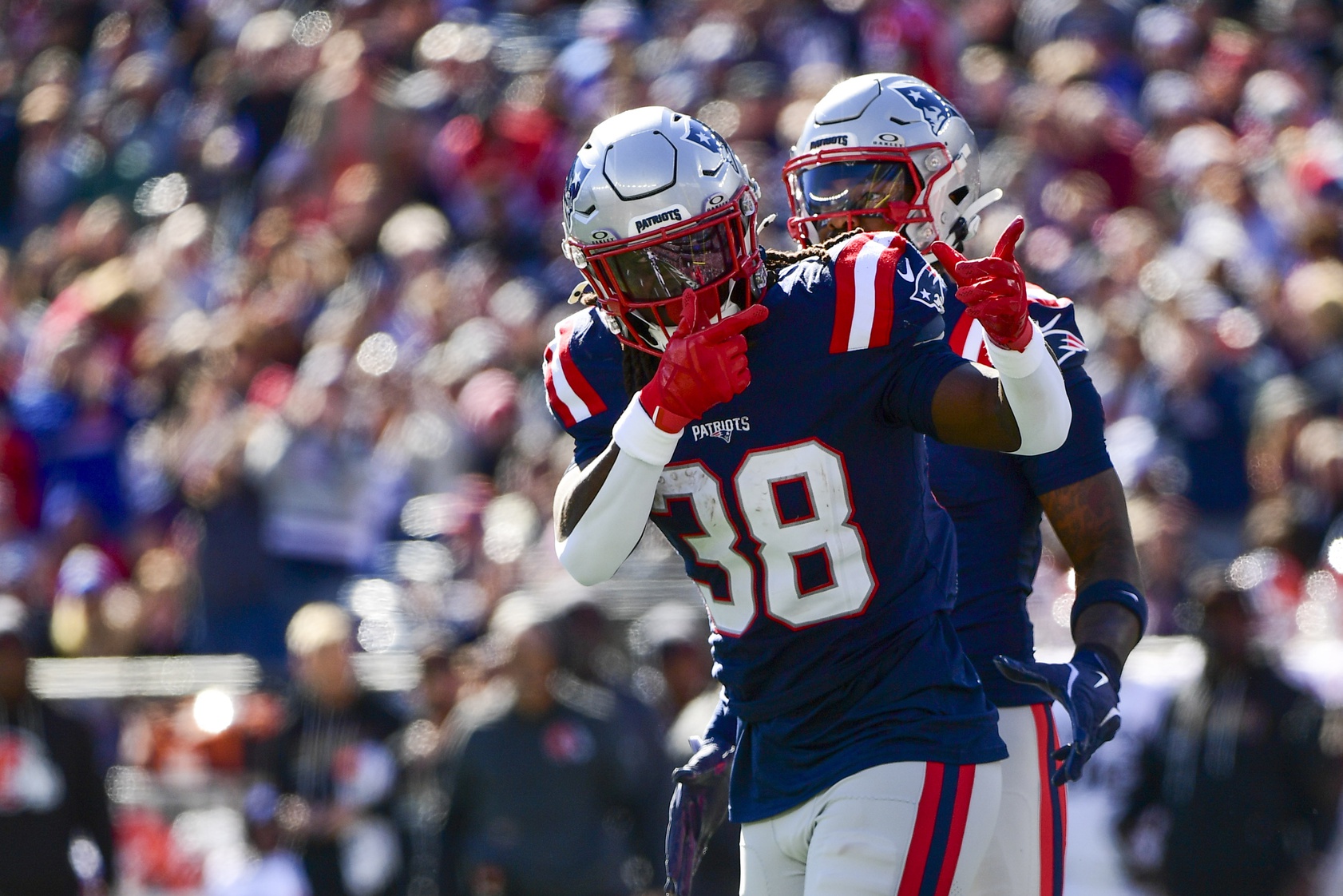 New England Patriots running back Rhamondre Stevenson (38) reacts during the first quarter against the Cleveland Browns at Gillette Stadium.