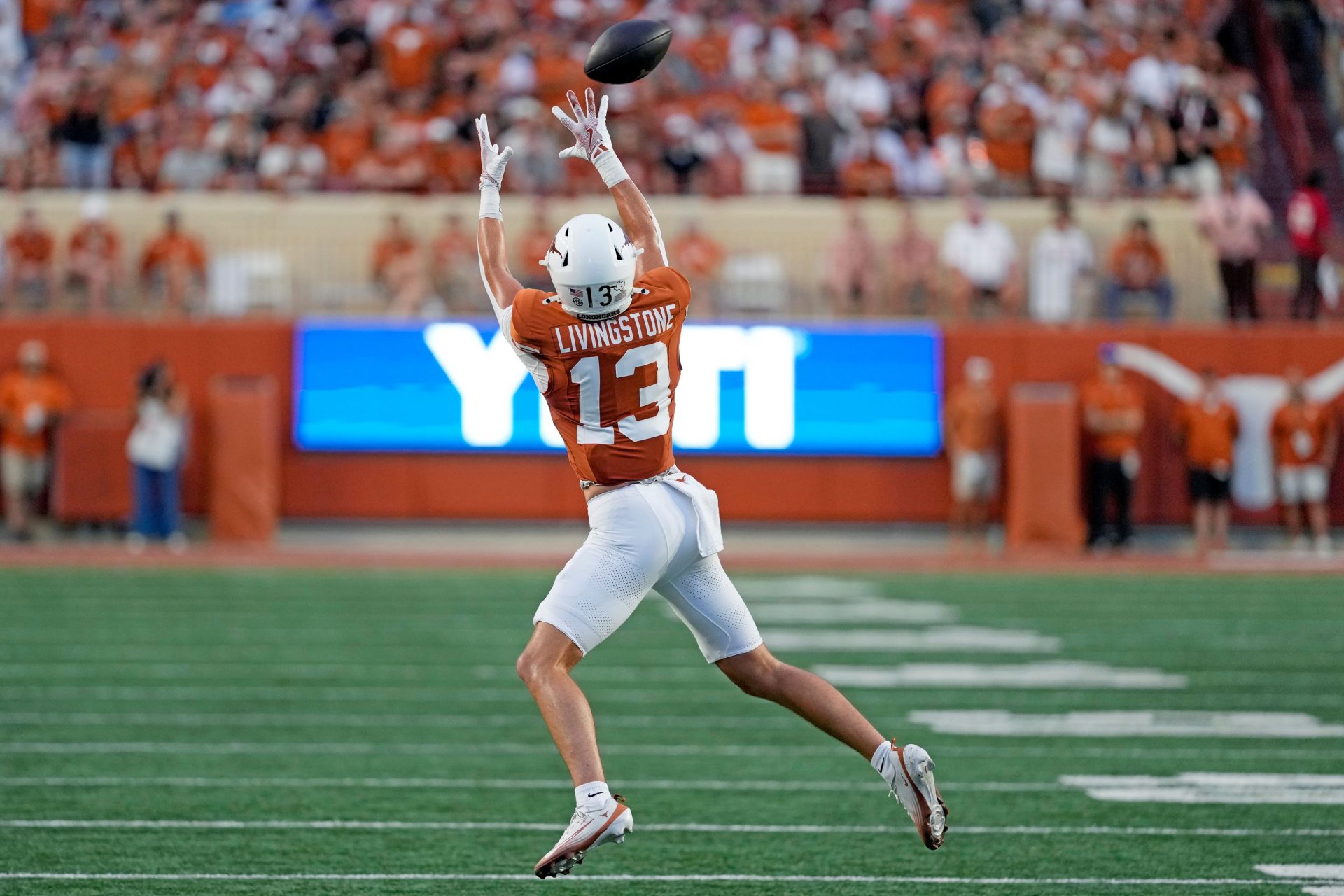 Texas Longhorns wide receiver Parker Livingstone (13) catches a pass during the first half against the Sam Houston Bearkats at Darrell K Royal-Texas Memorial Stadium.