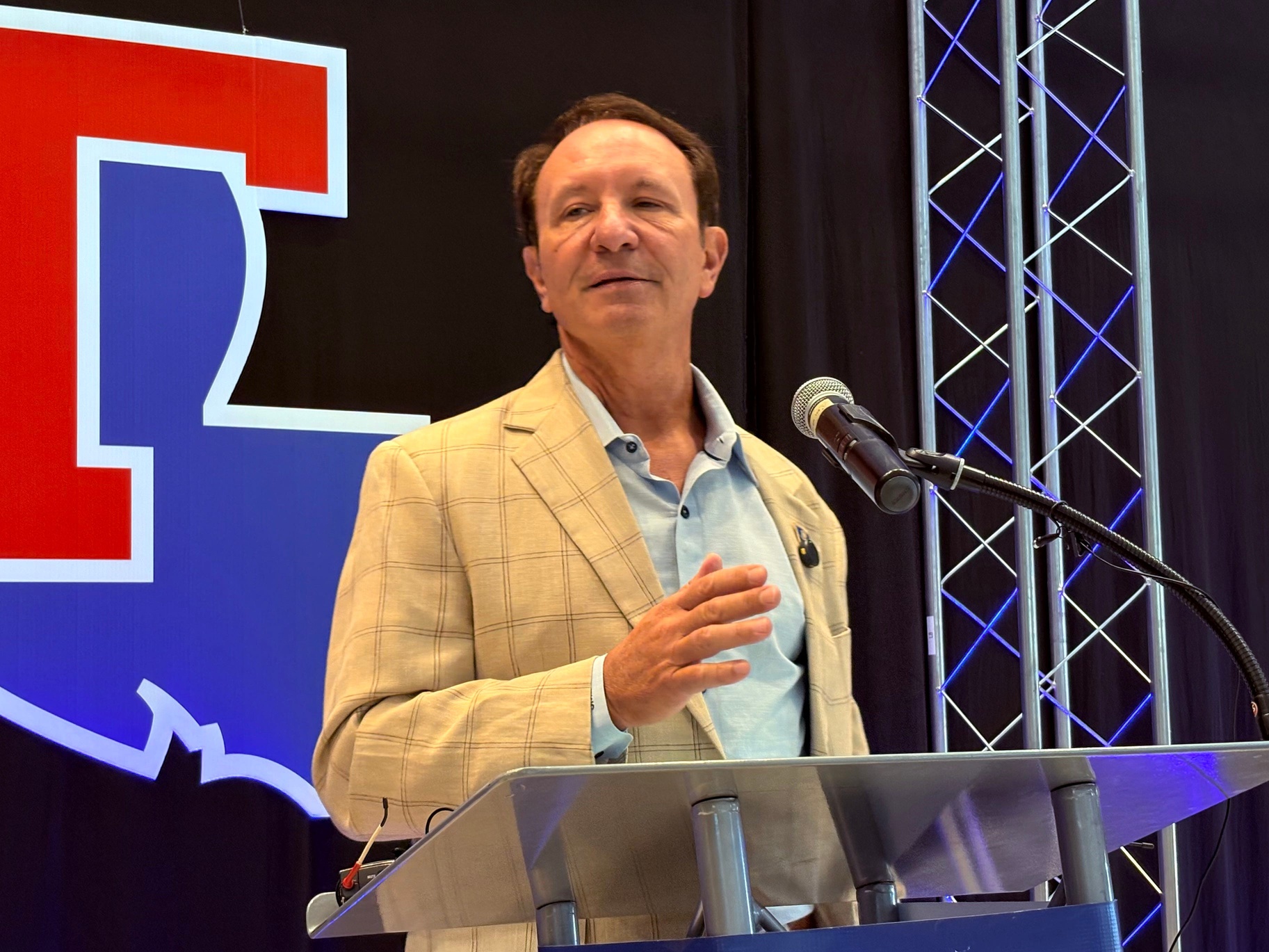 Louisiana Gov. Jeff Landry speaks to an audience at Louisiana Tech University on Aug. 25, 2025.