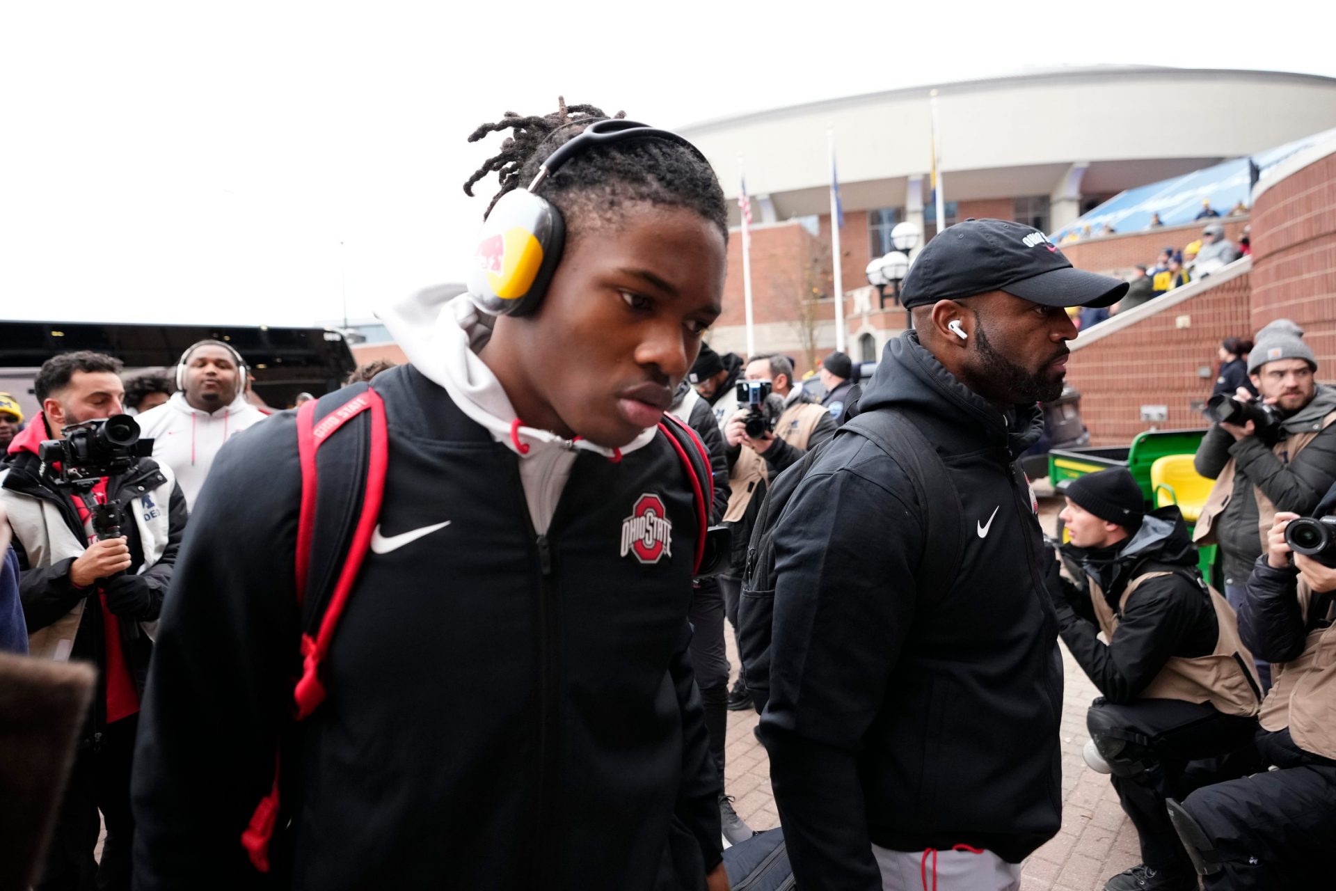 Ohio State Buckeyes wide receiver Jeremiah Smith walks off the bus prior to the NCAA football game against the Michigan Wolverines at Michigan Stadium in Ann Arbor, Mich. on Nov. 29, 2025.