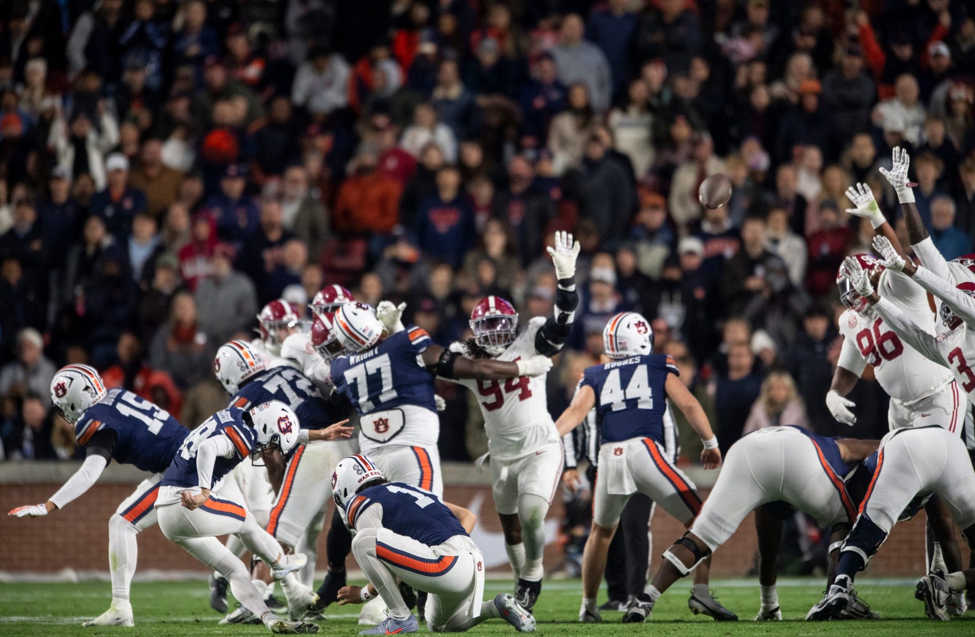 Auburn Tigers kicker Alex McPherson (38) makes a field goal as Auburn Tigers take on Alabama Crimson Tide in the Iron Bowl at Jordan-Hare Stadium in Auburn, Ala. on Saturday, Nov. 29, 2025. Alabama Crimson Tide leads Auburn Tigers 17-6.