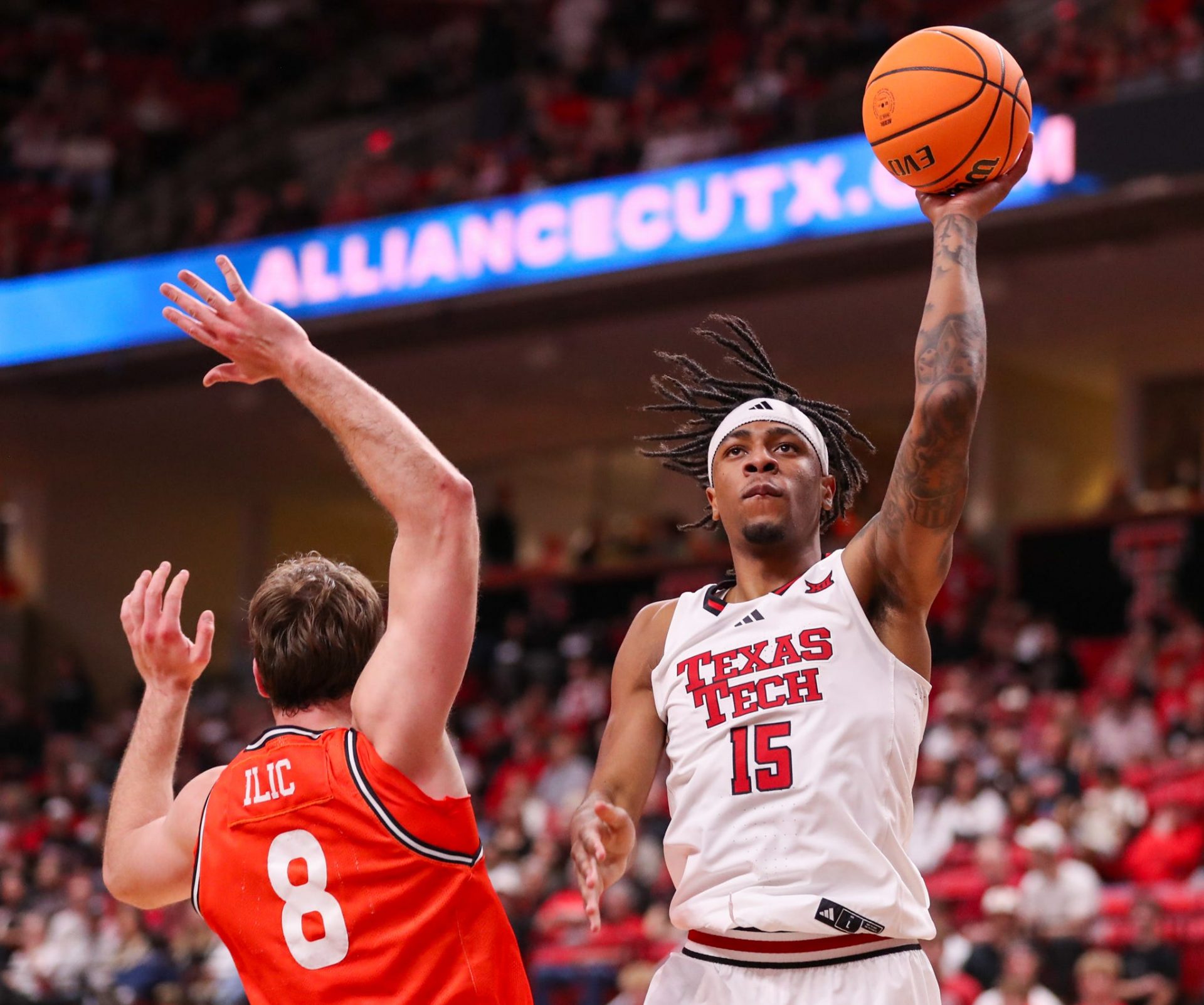 Texas Tech's JT Toppin attempts a shot against Sam Houston during a nonconference men's basketball game, Friday, Nov. 7, 2025, at United Supermarkets Arena.