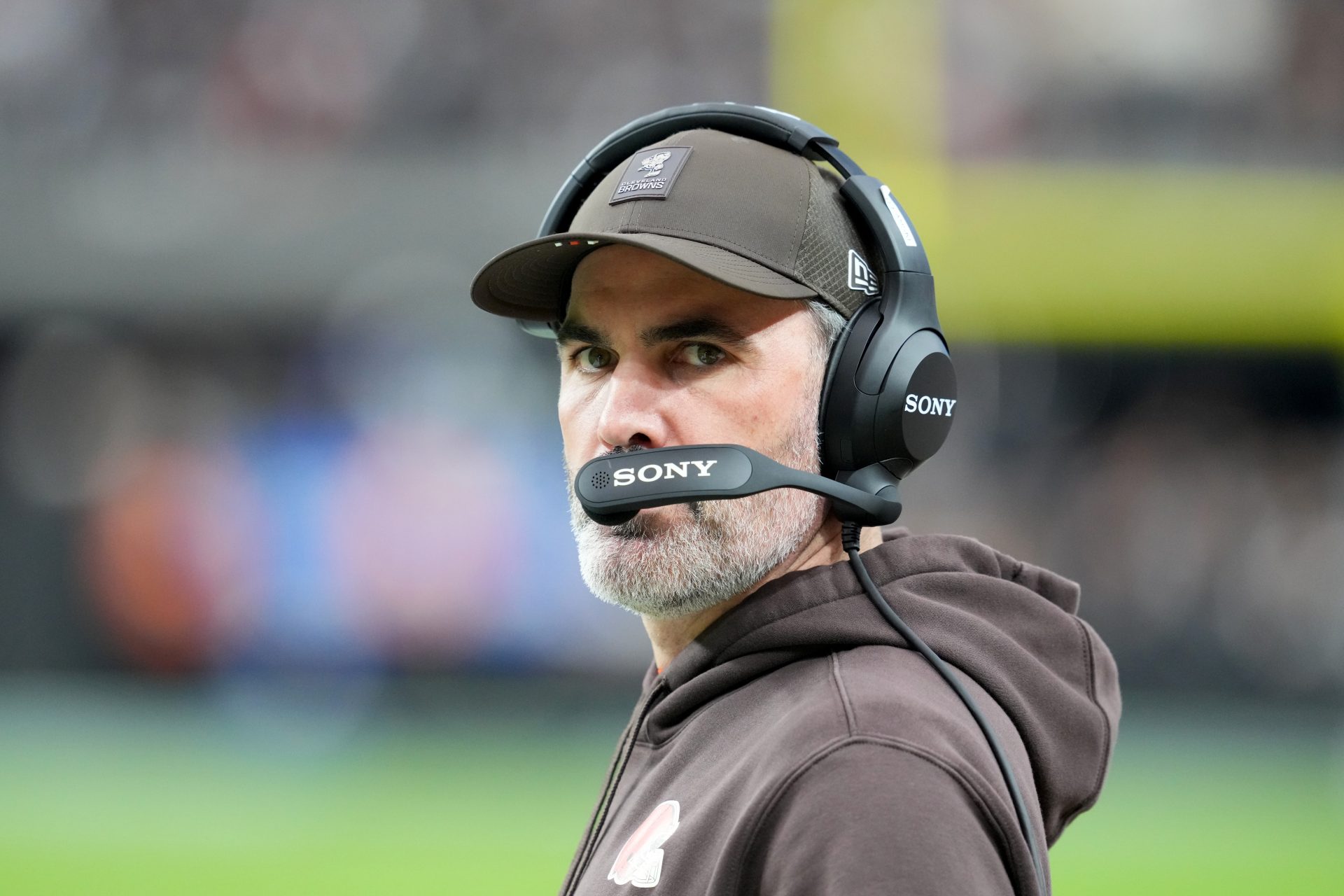 Cleveland Browns head coach Kevin Stefanski looks on in the first half against the Las Vegas Raiders at Allegiant Stadium.