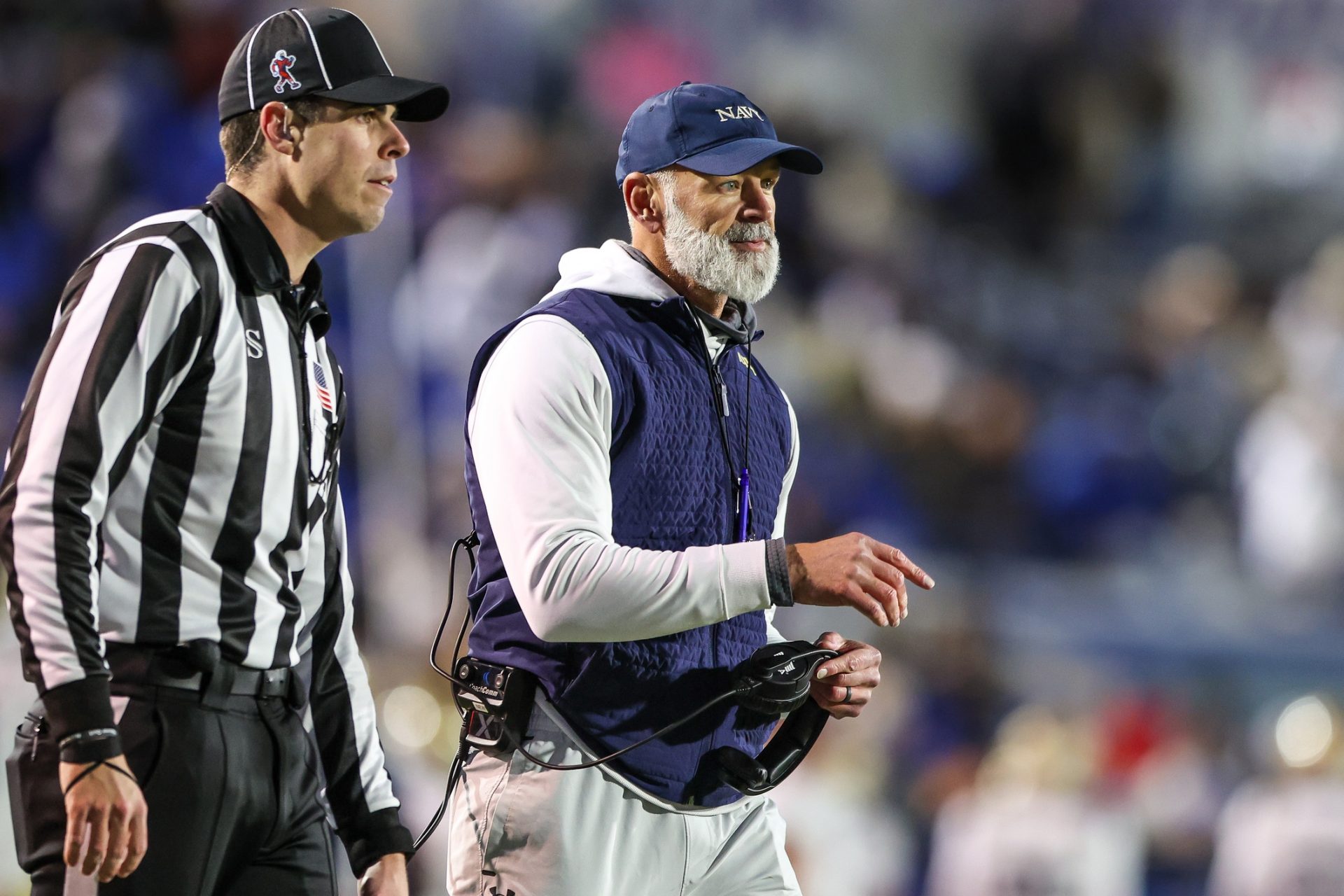 Navy Midshipmen head coach Brian Newberry looks on against the Memphis Tigers during the first half at Simmons Bank Liberty Stadium.