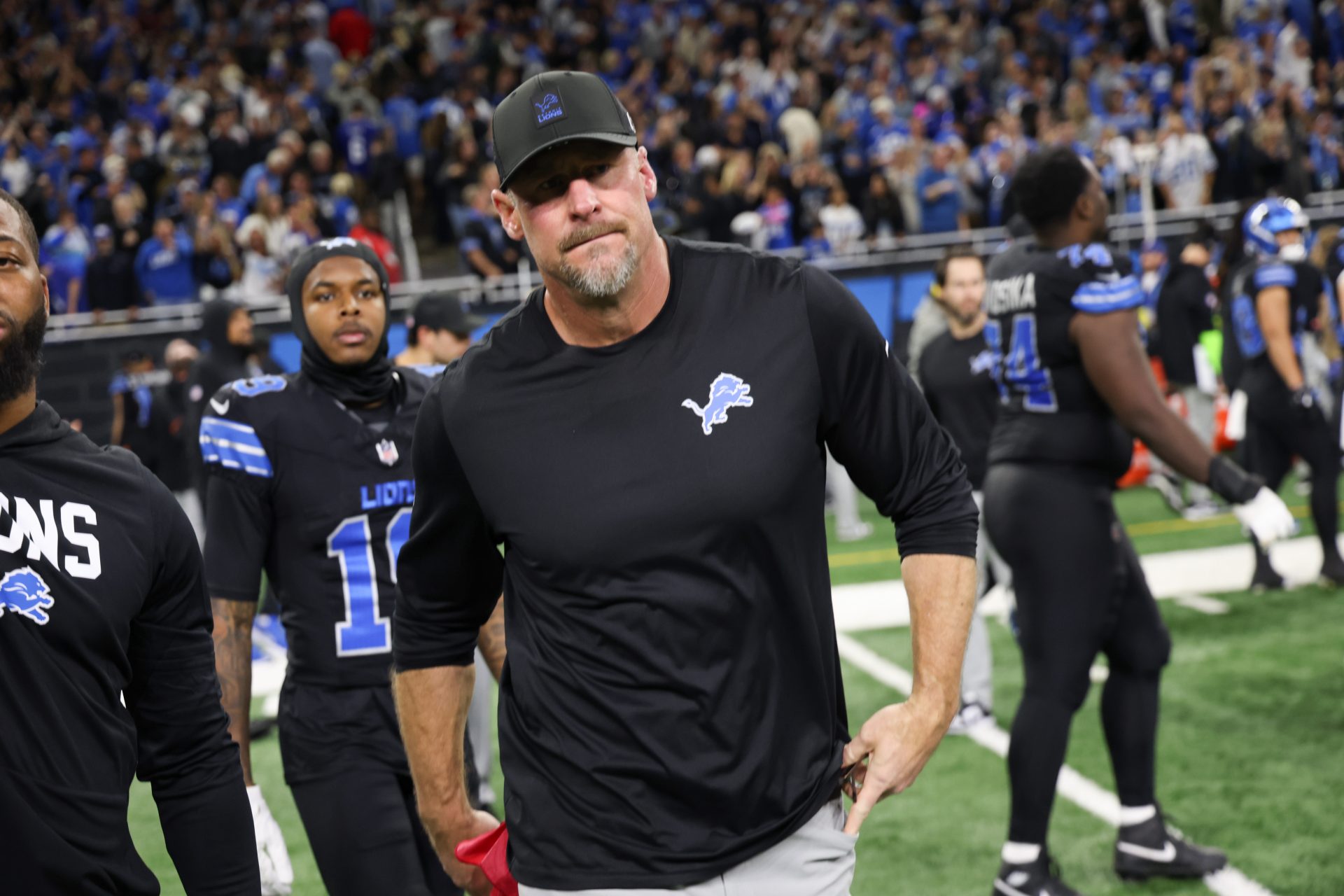 Detroit Lions head coach Dan Campbell exits the field after the game against the New York Giants at Ford Field.