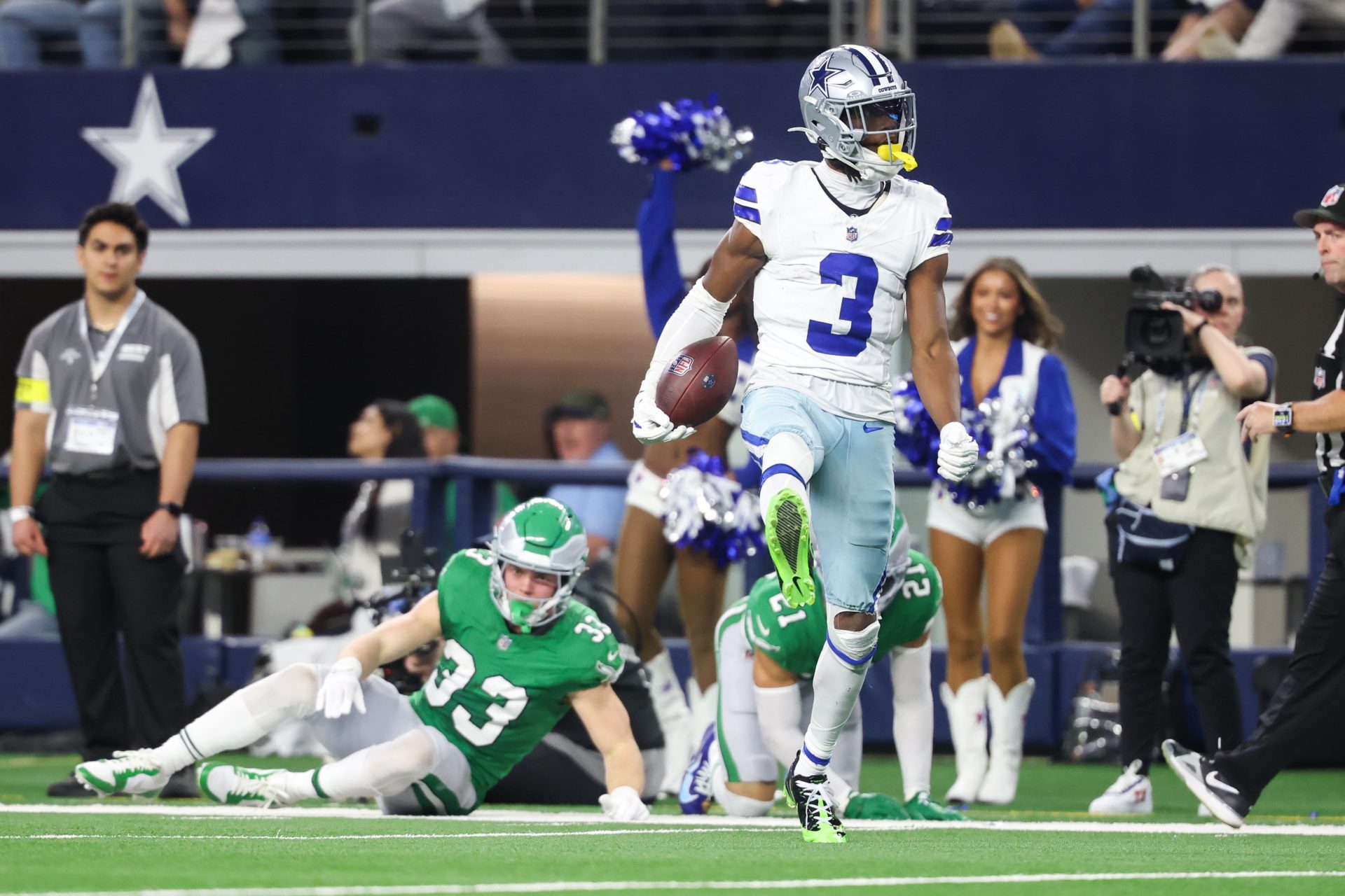 Dallas Cowboys wide receiver George Pickens (3) reacts after a play in the fourth quarter against the Philadelphia Eagles  at AT&T Stadium.